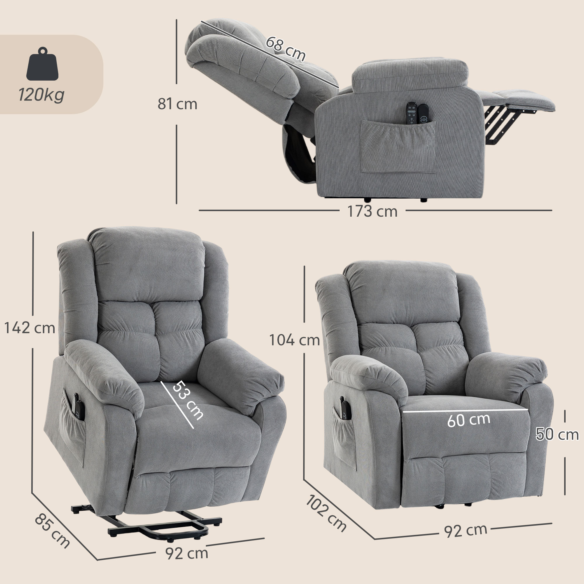Aufstehsessel mit Massagefunktion und Lendenheizung, Recliner-Sessel mit Fernbedienungen und Seitentaschen, Hellgrau