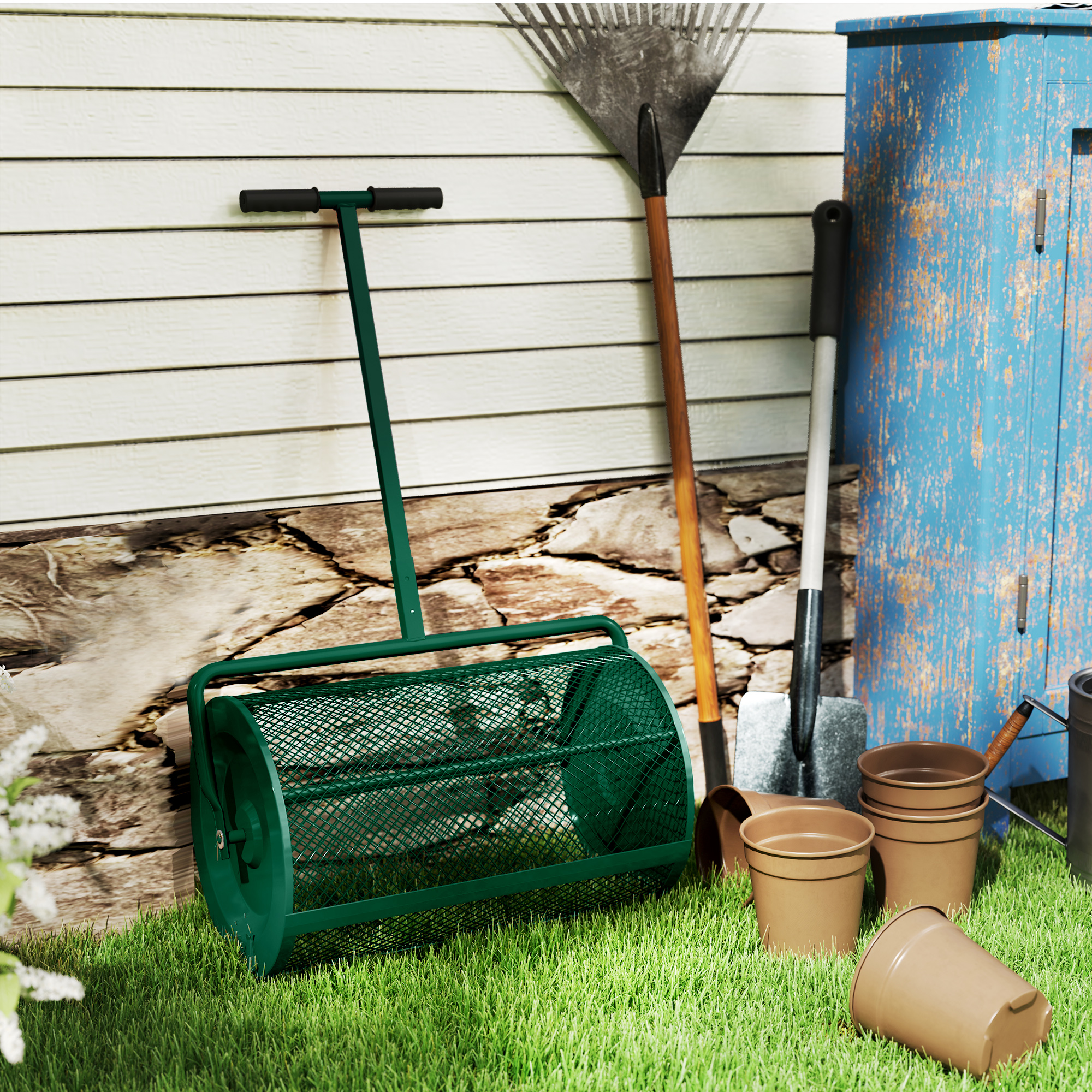 Kompoststreuer 75L 61x40cm Düngerstreuer Rasen Garten mit T-Griff Mesh-Korb Metall Grün