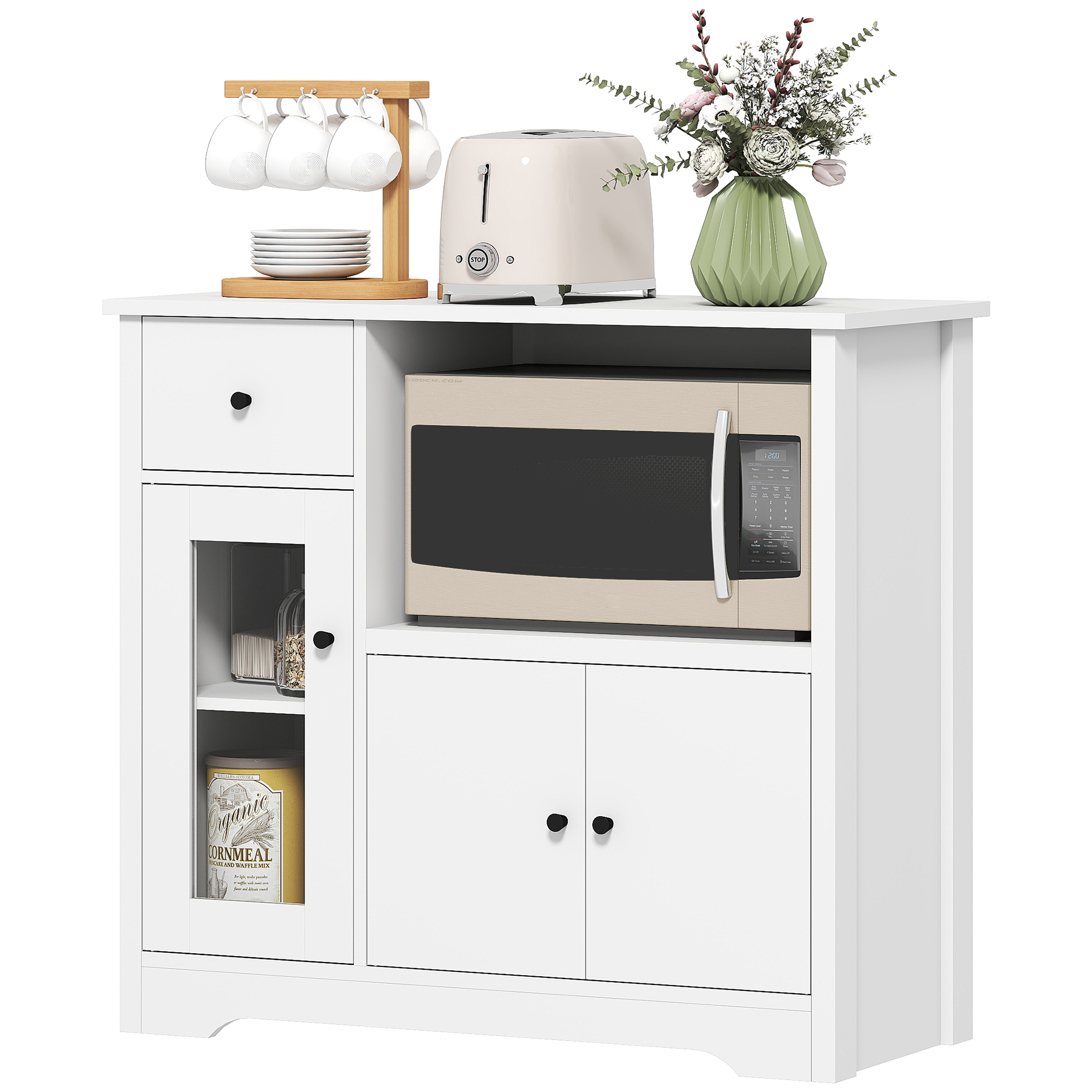 Küchenschrank mit Kabelloch, Kommode mit 2 Schränken, offenes Fach, Schublade, 80 x 35 x 72,2 cm, Spanplatte, Weiß Küchenschrank mit Kabelloch, Kommode mit 2 Schränken, offenes Fach, Schublade, 80 x 35 x 72,2 cm, Spanplatte, Weiß