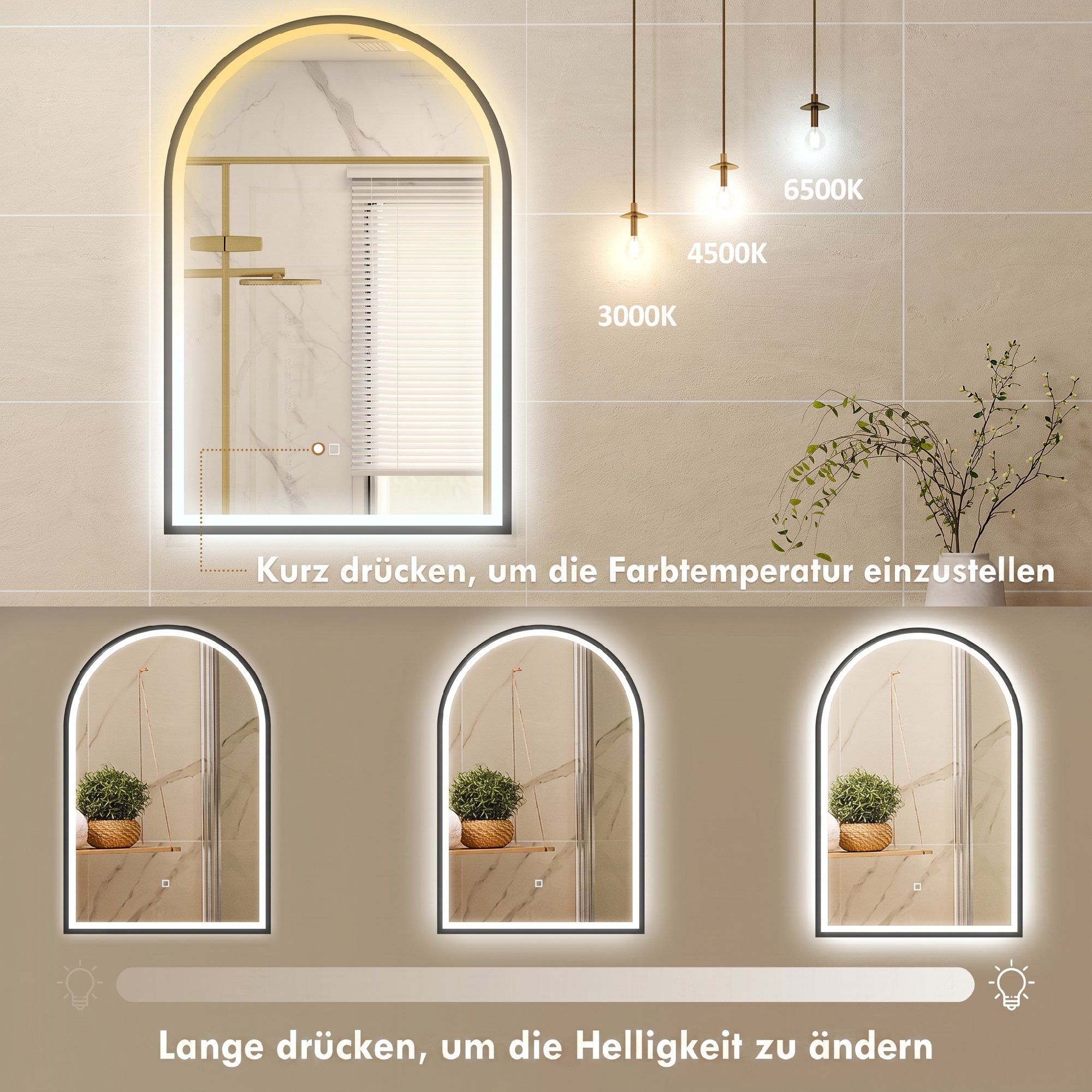 LED Badezimmerspiegel 60 x 90 cm mit Beleuchtung, Front- & Rückbeleuchtung, Memory-Funktion, Touch-Schalter, Schwarz