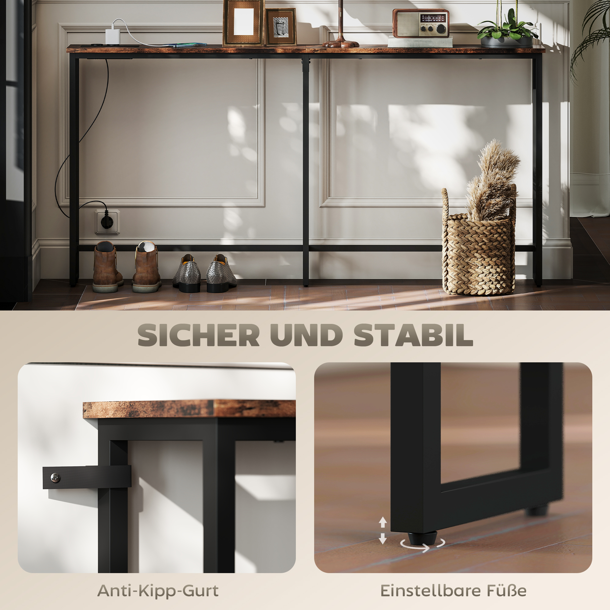 Konsolentisch mit Ladestation, Industriestil, Stahlrahmen, Braun