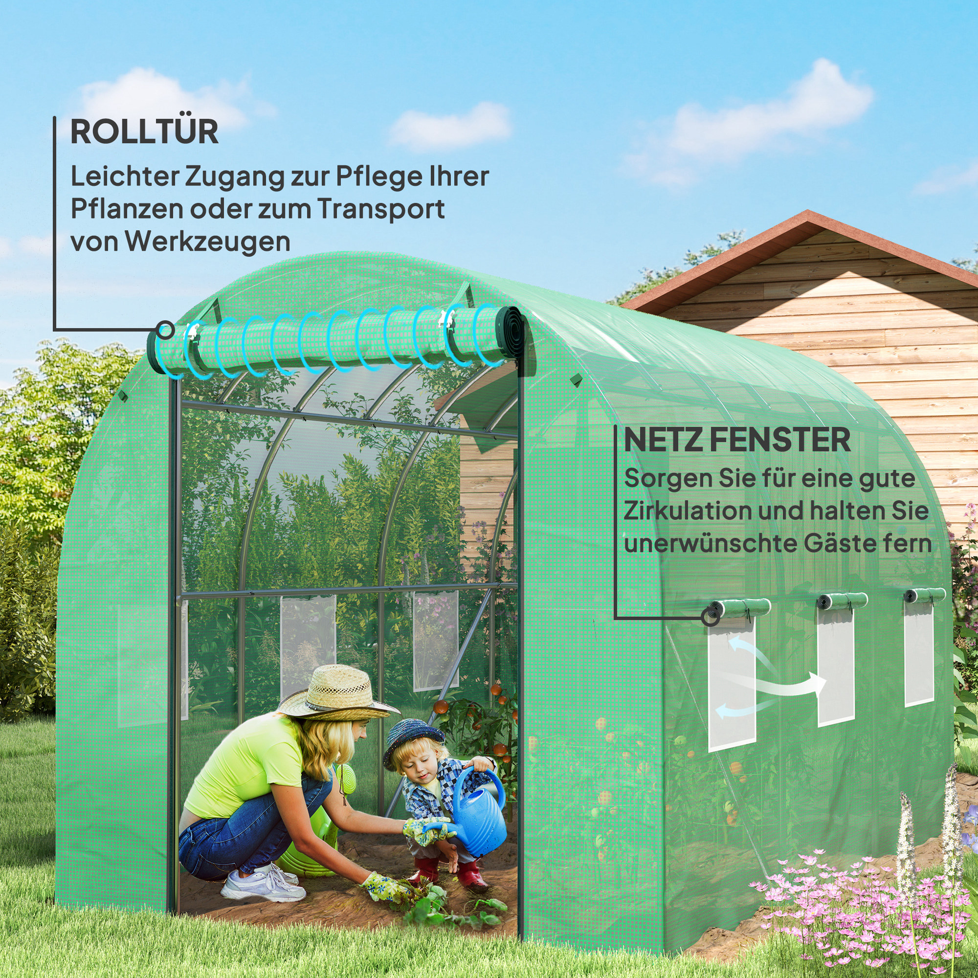 Polytunnel Gewächshaus mit Kunststoff-Abdeckung und Stahlrahmen, begehbares Gewächshauszelt mit Rolltüren, Grün