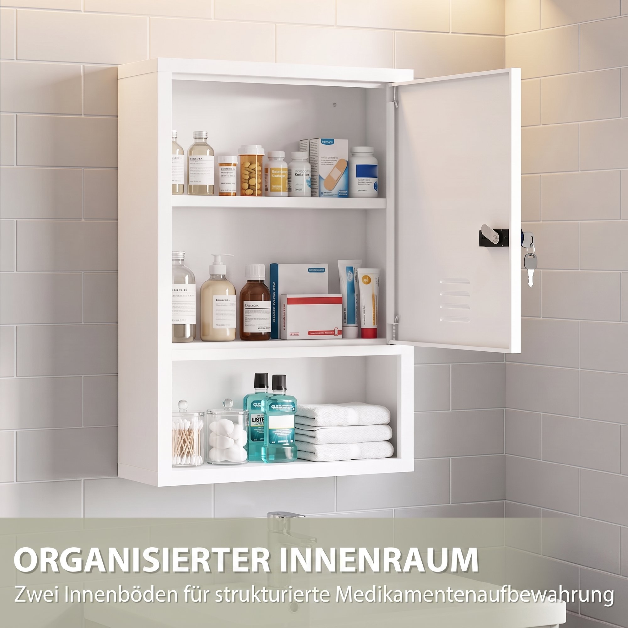 Medizinschrank zur Wandmontage mit Zahlenschloss und Schlüssel, 3-stufig, abschließbar, Weiß