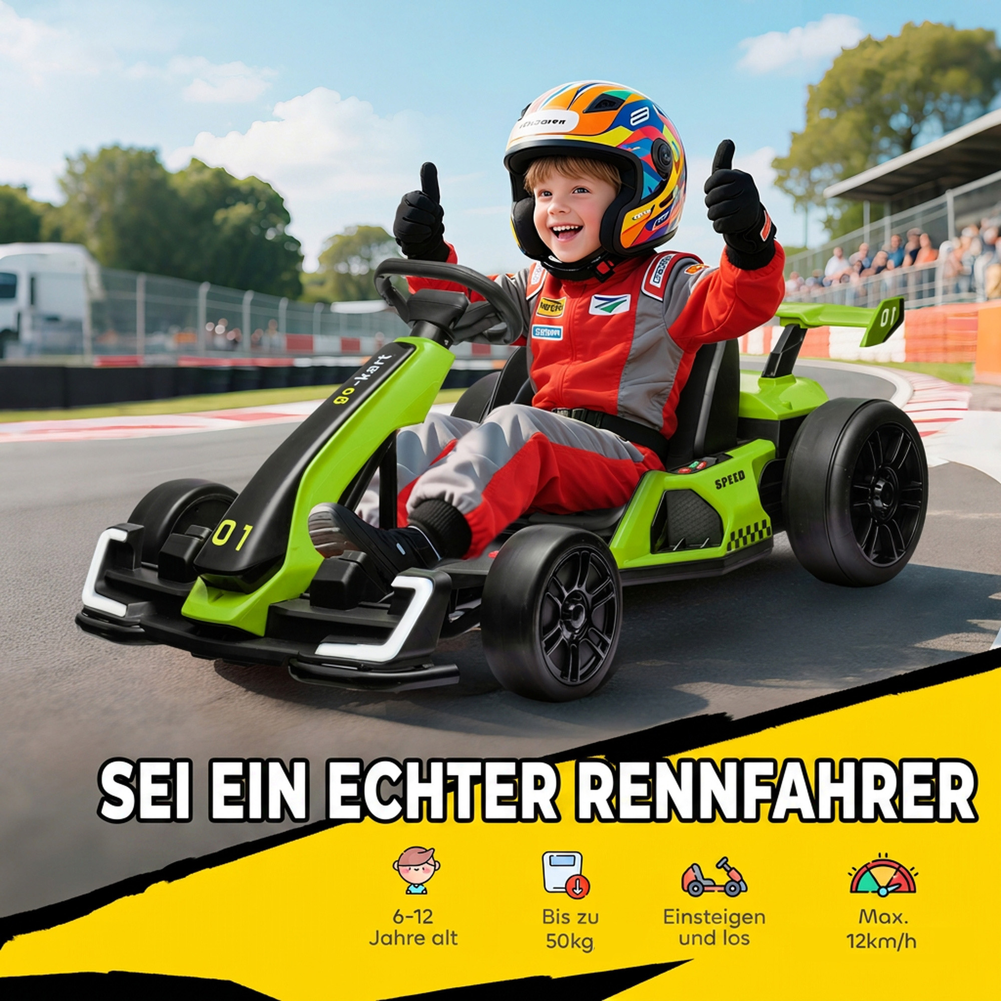 24V Elektro Go-Kart, für Kinder, bis 12 Km/h Gokart mit Drift-Funktion, 2 Motoren, verstellbarer Sitz, Sanftanlauf, grün
