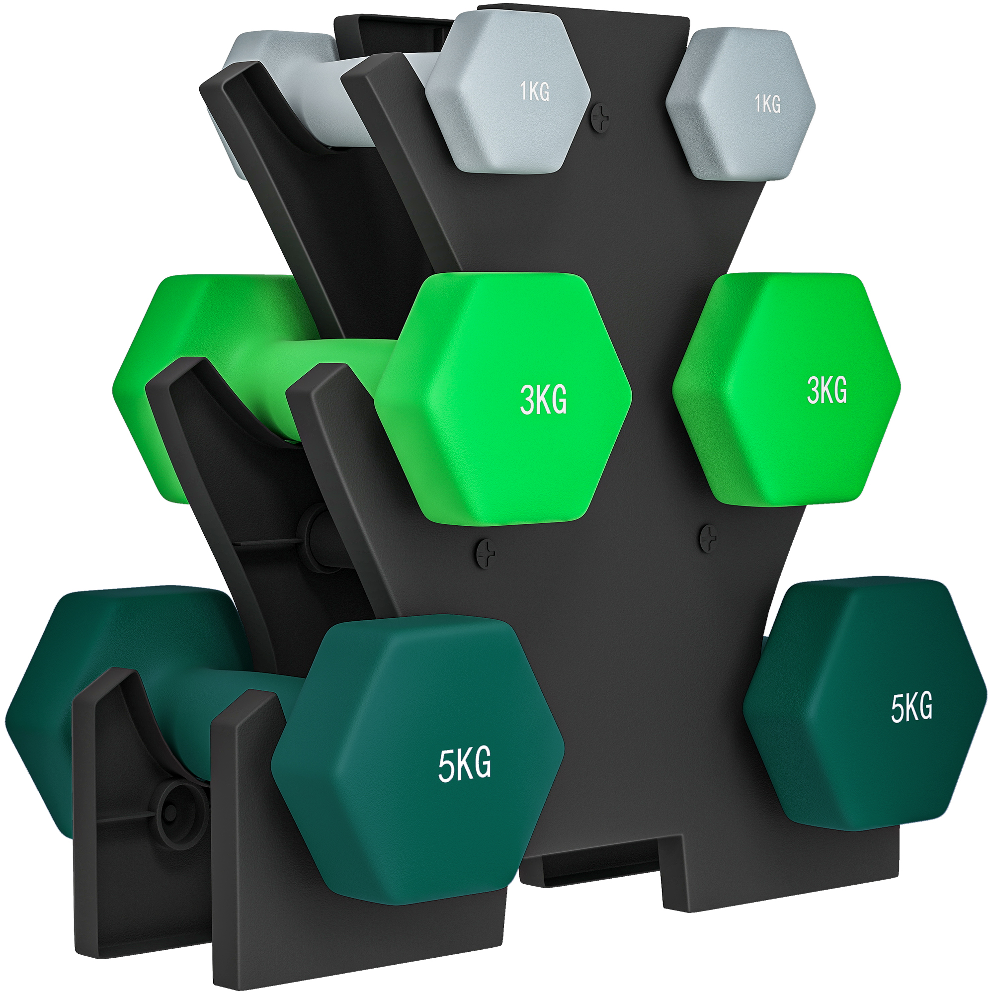 Hantelset mit Aufbewahrungsgestell, Set mit 6 Hanteln für Fitness-Training, 2 x 1kg, 2 x 3kg, 2 x 5kg Hantelset mit Aufbewahrungsgestell, Set mit 6 Hanteln für Fitness-Training, 2 x 1kg, 2 x 3kg, 2 x 5kg