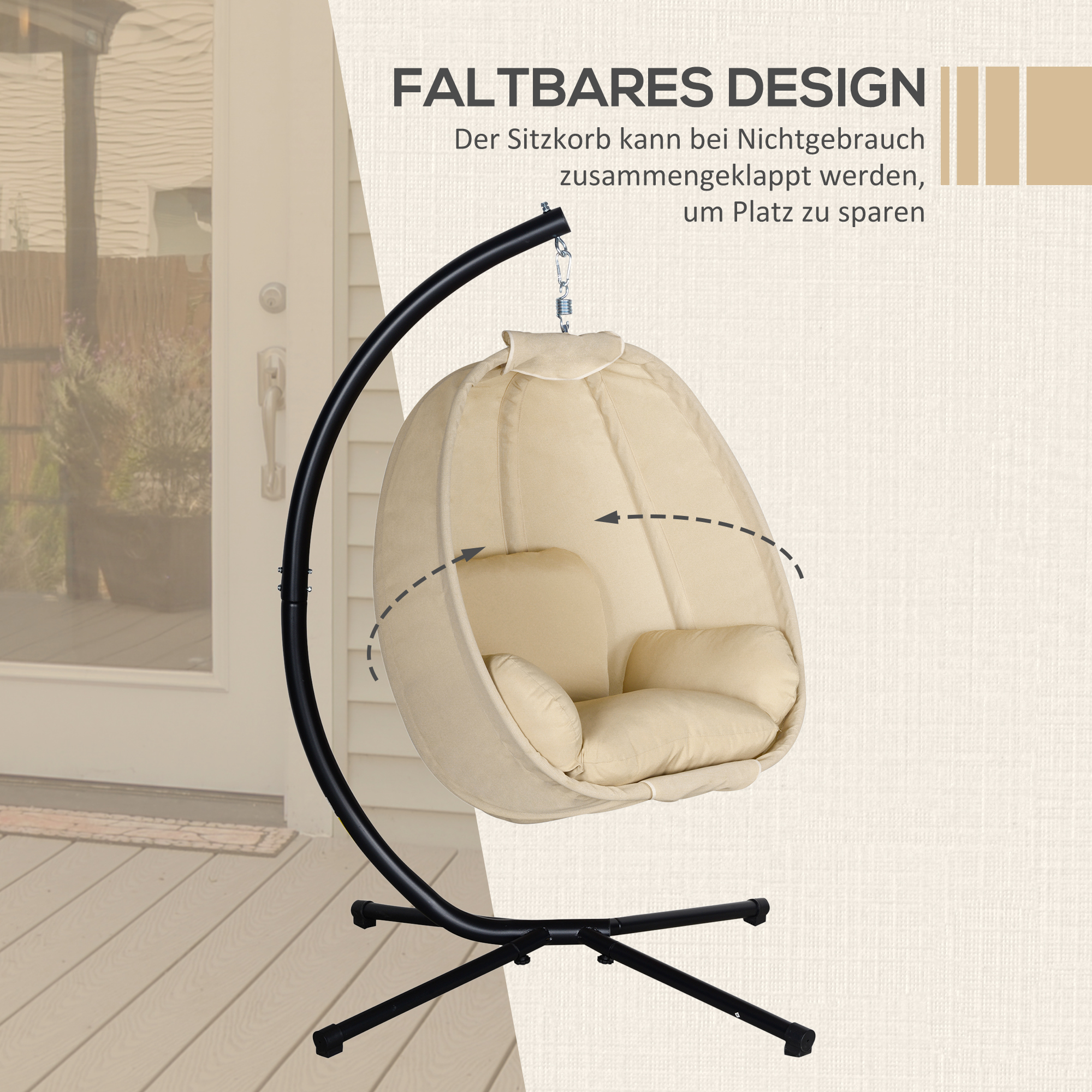 Hängesessel, Eiförmiger Schaukelsitz mit weichem Kissen, für drinnen und draußen geeignet, 125L x 95B x 170H cm, Khaki