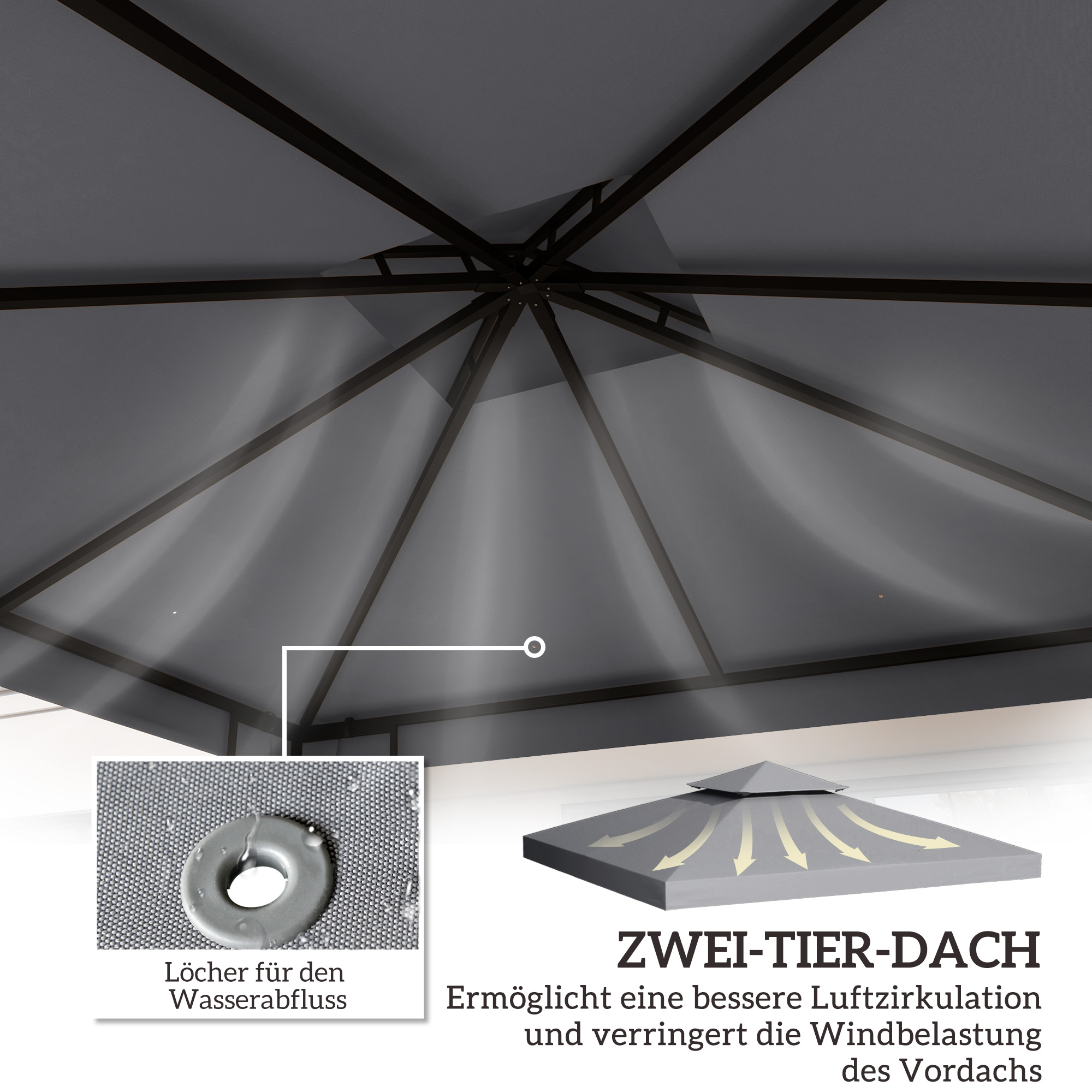 Ersatzdach für Pavillon 3 x 3 m wasserdicht Pavillondach mit Doppeldach Ablauflöcher Hellgrau