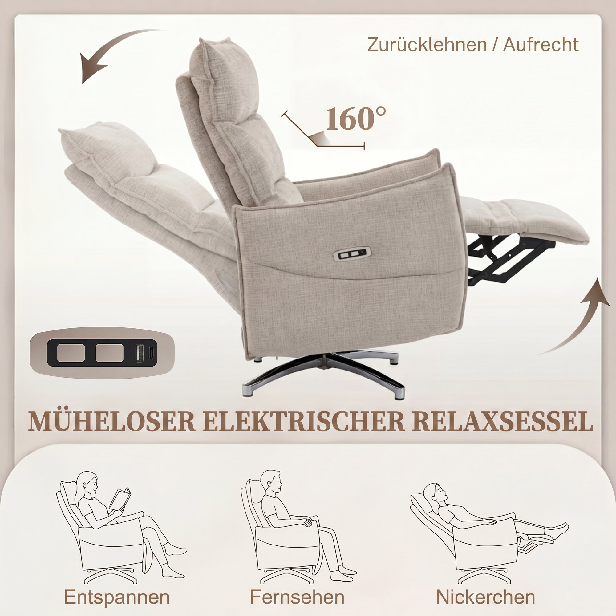drehbarer elektrischer Relaxsessel für Erwachsene, Sessel mit Leinenoptik-Stoff und Ladeanschlüssen, Beige