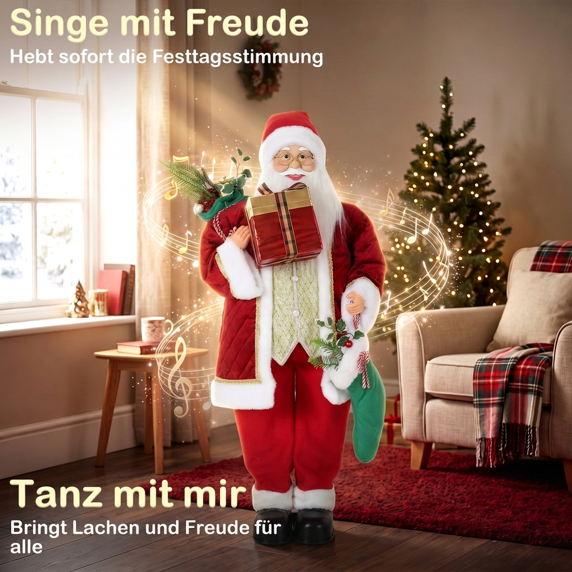 120 cm singender & tanzender Weihnachtsmann, stehende animierte Weihnachtsfigur mit Strumpf, Sack, per Sound/Berührung aktiviert