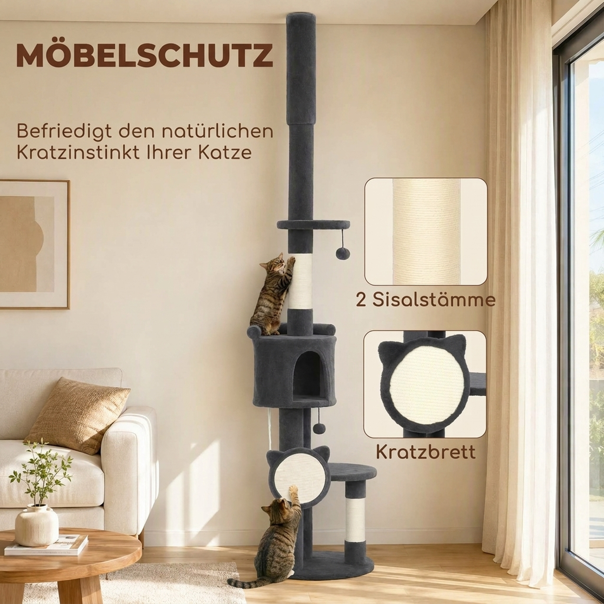 Kratzbaum Deckenhoch 225–255 cm höhenverstellbar Katzenbaum mit 5 Etagen Sisal-Kratzstämmen, Kratzbrett Hängematte