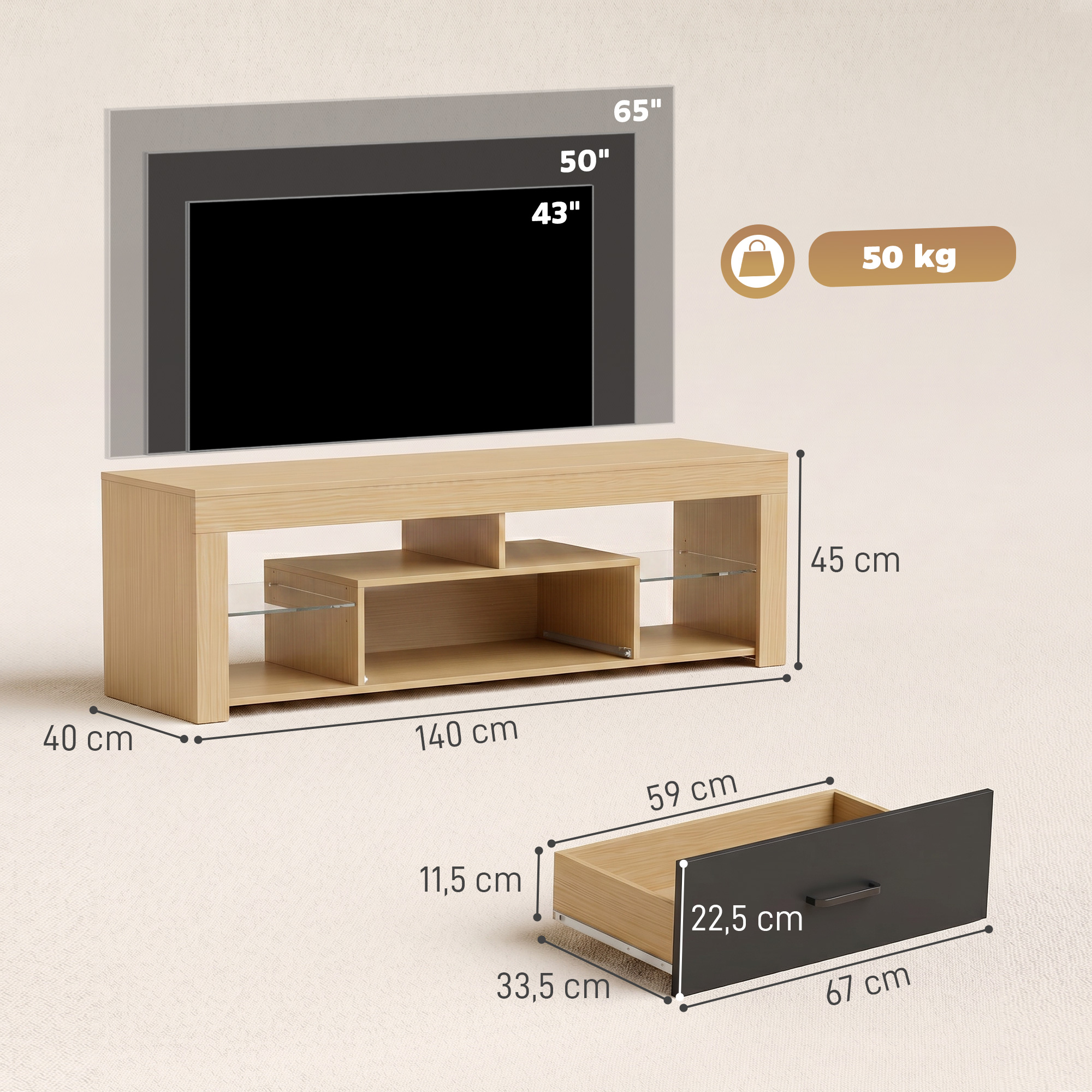 TV-Lowboard für Fernseher bis 65 Zoll, moderner TV-Schrank mit verstellbaren Glasböden, Eiche