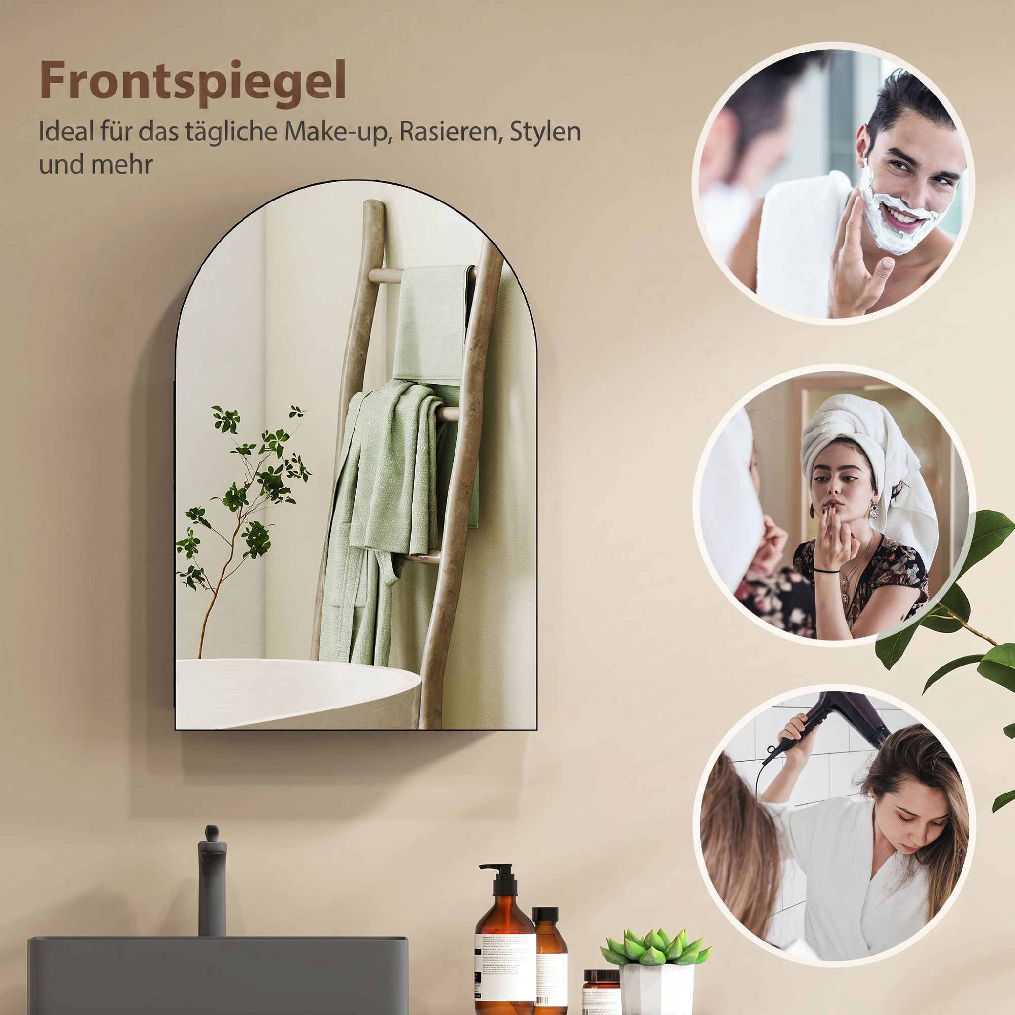 Spiegelschrank Bad Gewölbter Badezimmerschrank mit 180° Tür, 3 Regalen, aus Metall Schwarz 50 x 12 x 76 cm