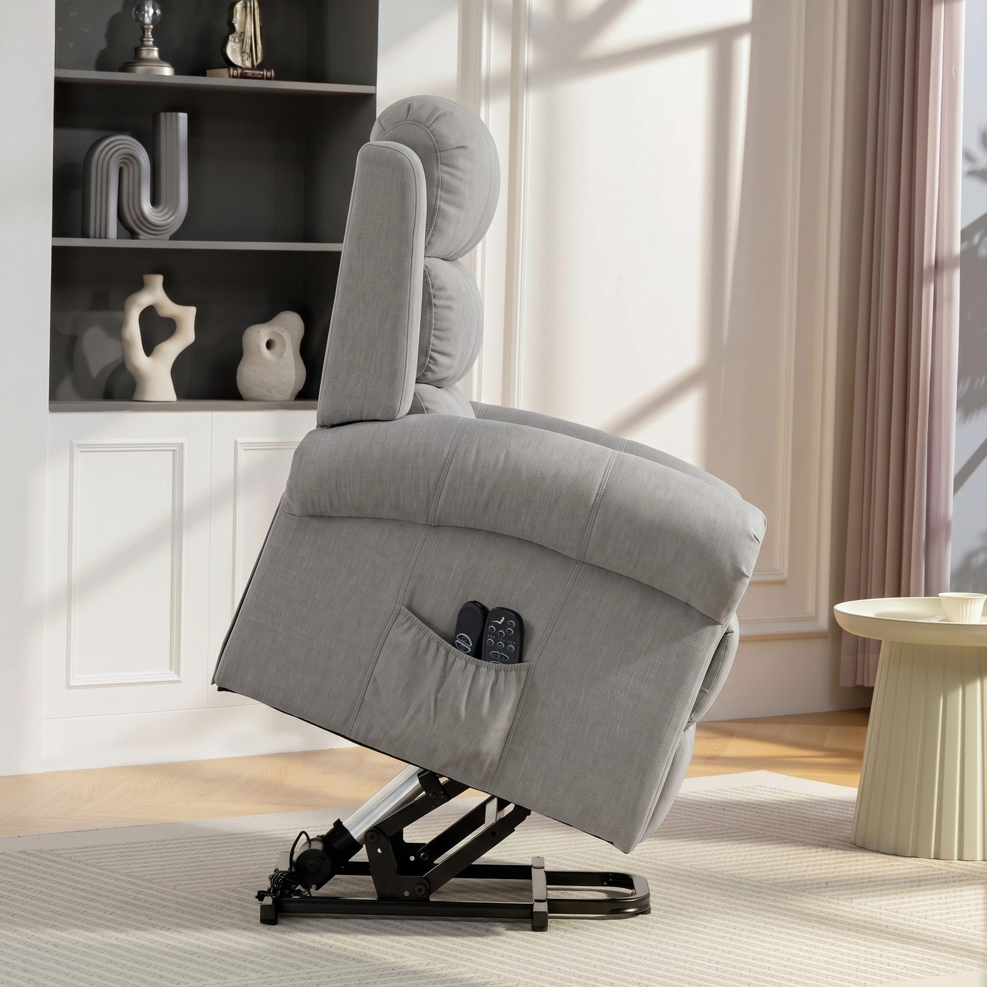 Power-Lift-Relaxsessel mit Vibrationsmassage und Wärmefunktion, Aufstehsessel mit USB-Anschluss, Seitentaschen und Fernbedienungen, Hellgrau