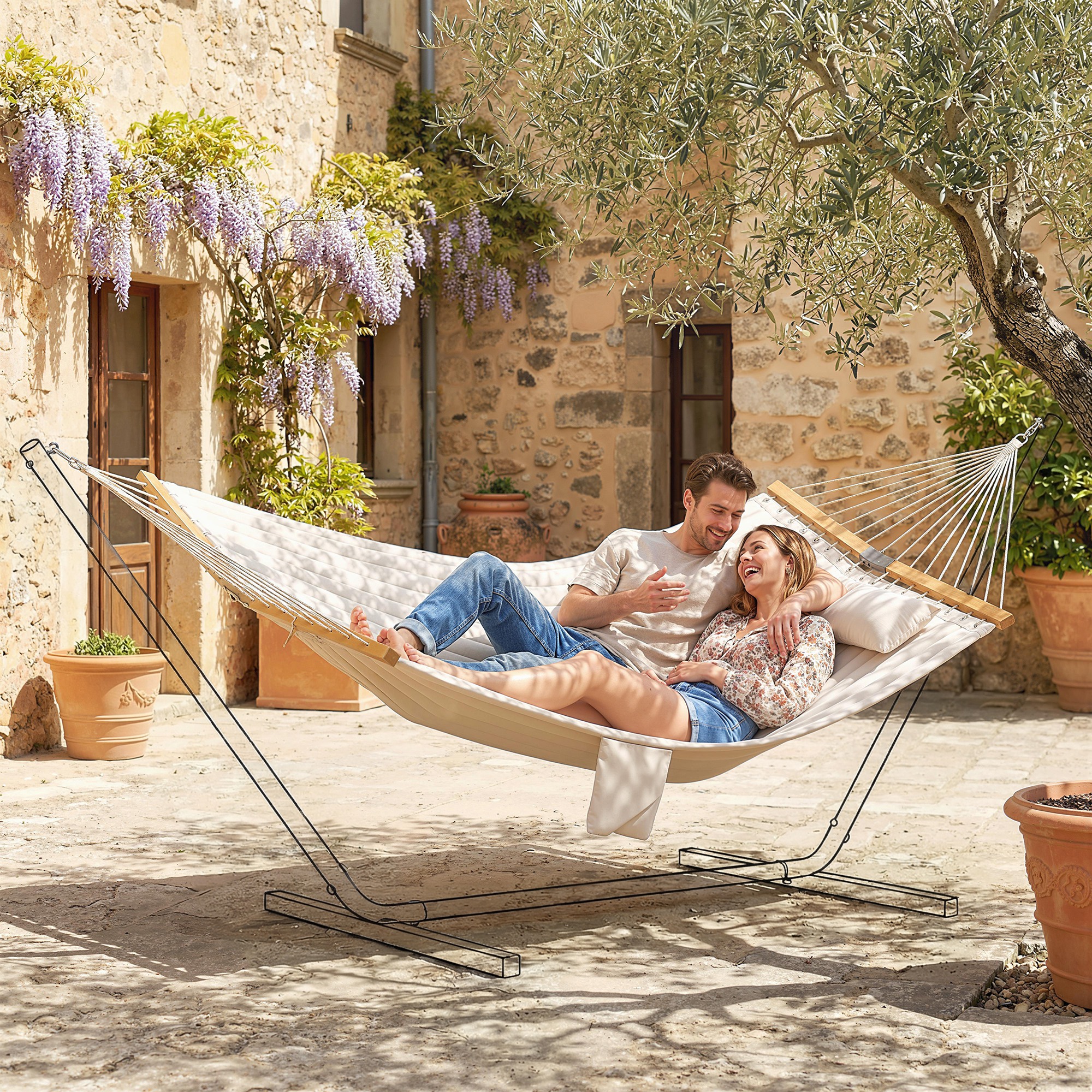 Hängematte Outdoor 200x140cm, zweilagig Hängematte mit Kopfstütze Magazintasche Holzstäbe bis 200kg