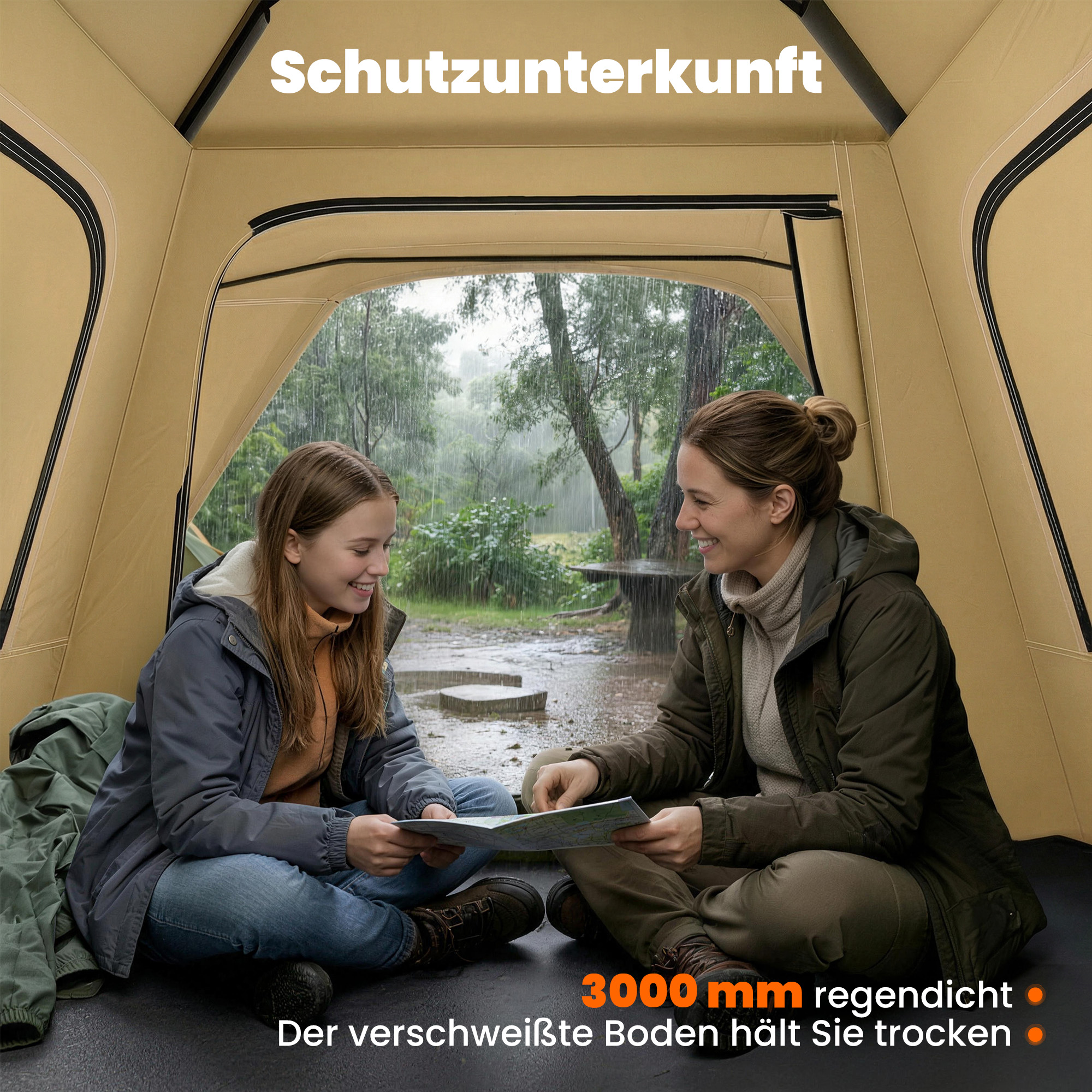 Instant-Pop-Up-Zelt mit Regenschutz, wasserdicht Kuppelzelt für 2-3 Personen mit 2 Türen 2 Fenstern 240x240x160 cm Khaki