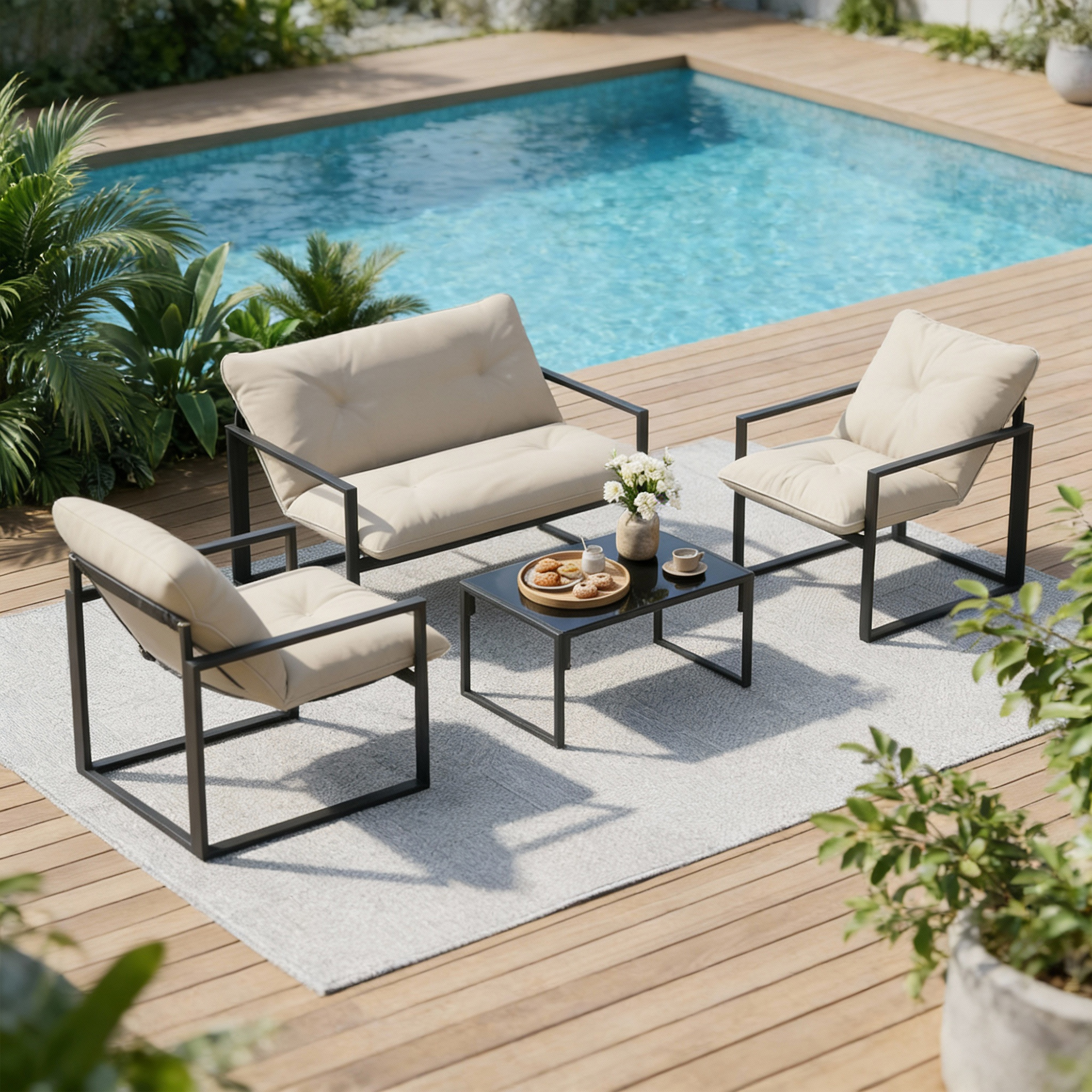 Gartenmöbel-Set, 1 Glastisch, 2 Sessel. 1 Sofa, wetterbeständig,114 cm x 70 cm x 67 cm, Grau+Beige