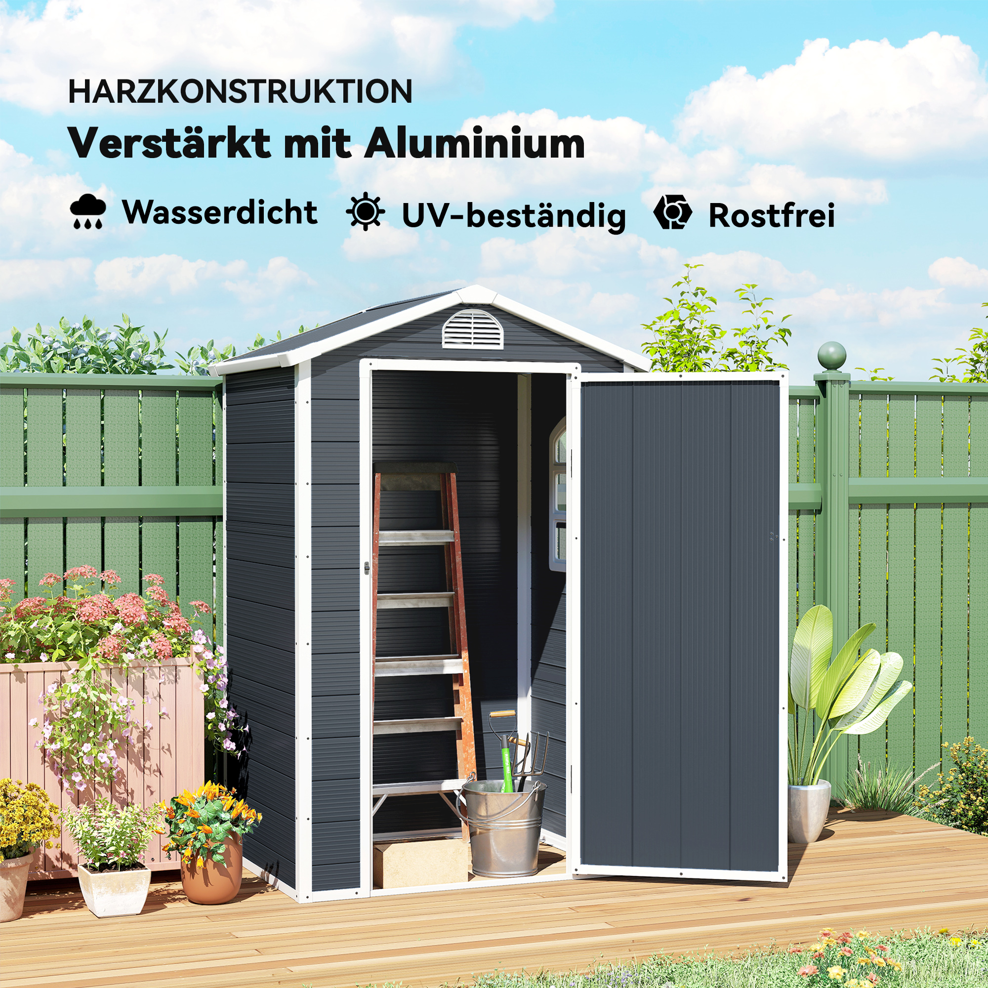Gerätehaus 1,1m², Geräteschuppen mit Satteldach, 134 x 104 x 204 cm, Kunststoff Gartenchuppen mit Abschließbar Tür Belüftungsöffnung Fenster, Gartenhaus für Garten Dunkelgrau