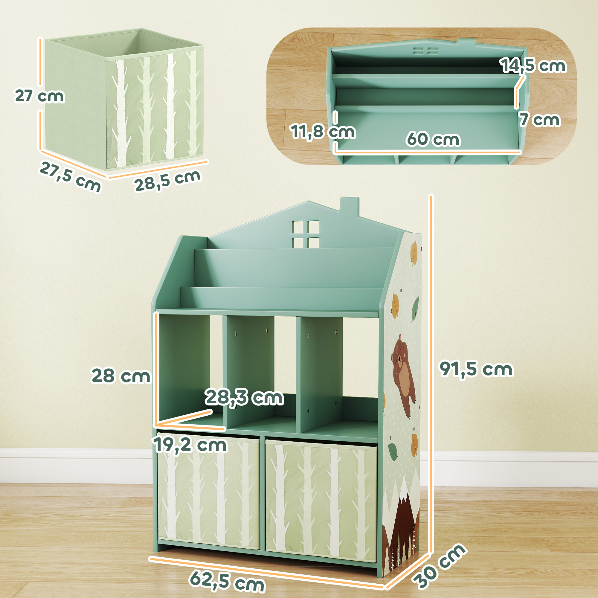 Kinderregal Bücherregal Kinder mit 2 Stoffschubladen offen Regal für 3-8 Jahre 62,5x30x91,5 cm Grün