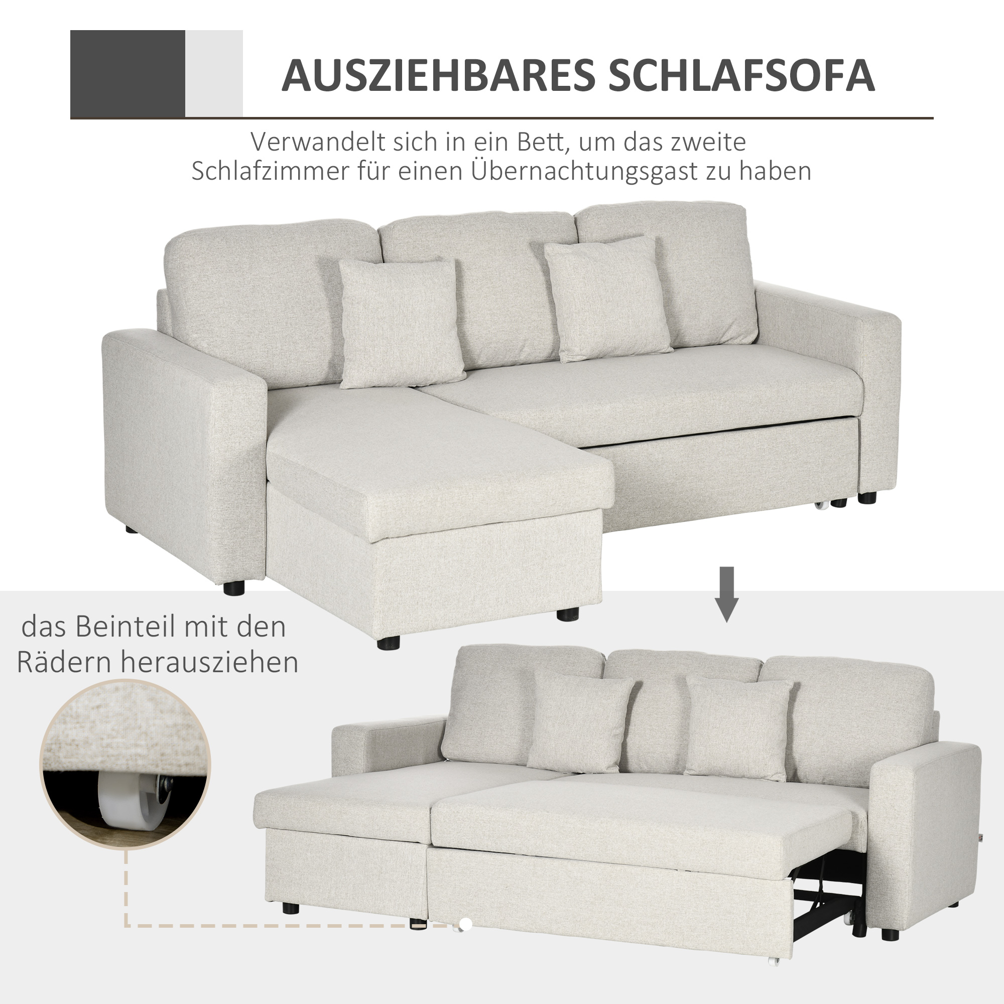 Ecksofa mit Bettfunktion, Eckcouch inklusive 2er-Sitz Sofa, Einzelbett, L-Form mit Stauraum, 2 Kissen Cremeweiß