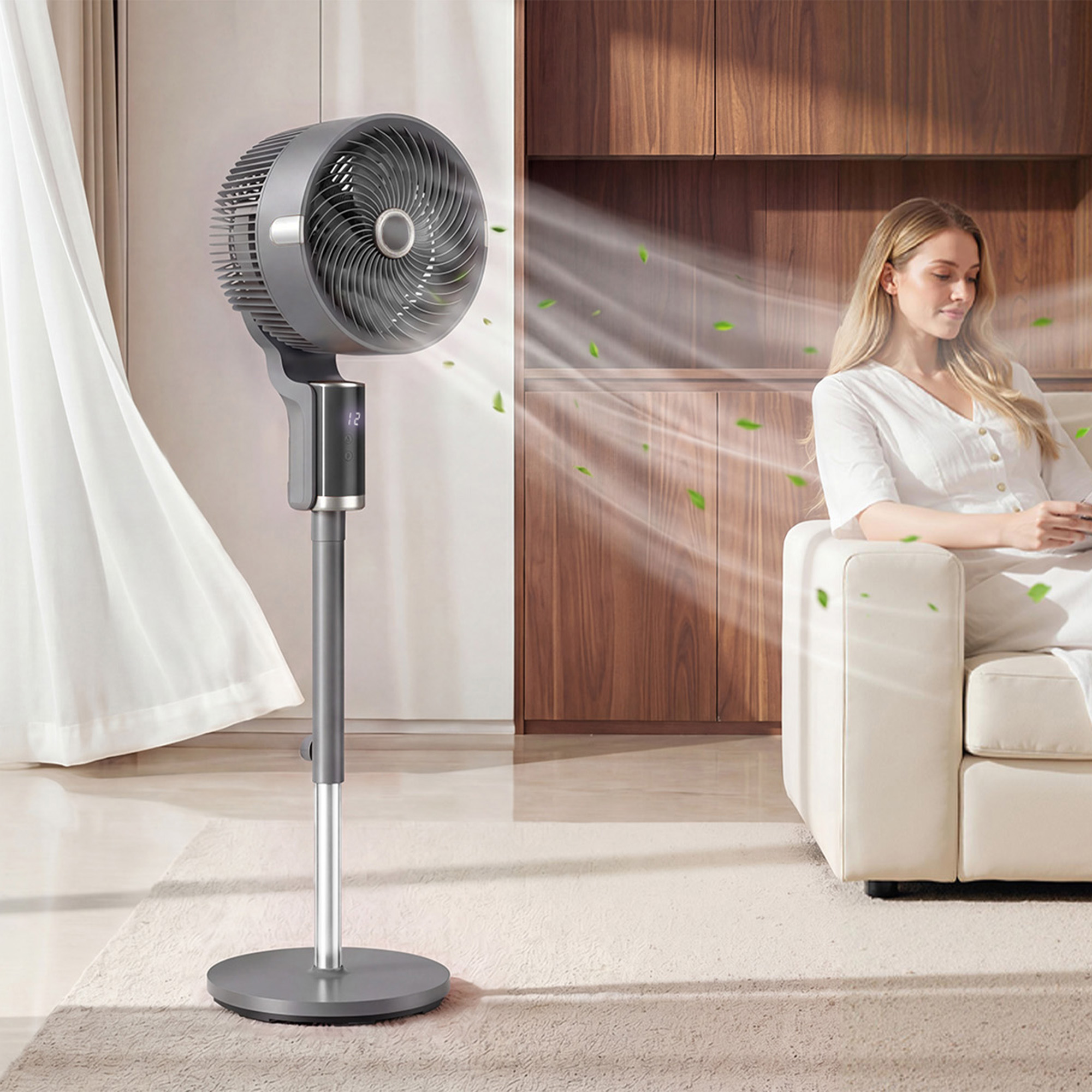 Standventilator Luftzirkulator Lüfter mit 8 Geschwindigkeitsstufen LED-Display Fernbedienung Timer 90° Oszillation Grau