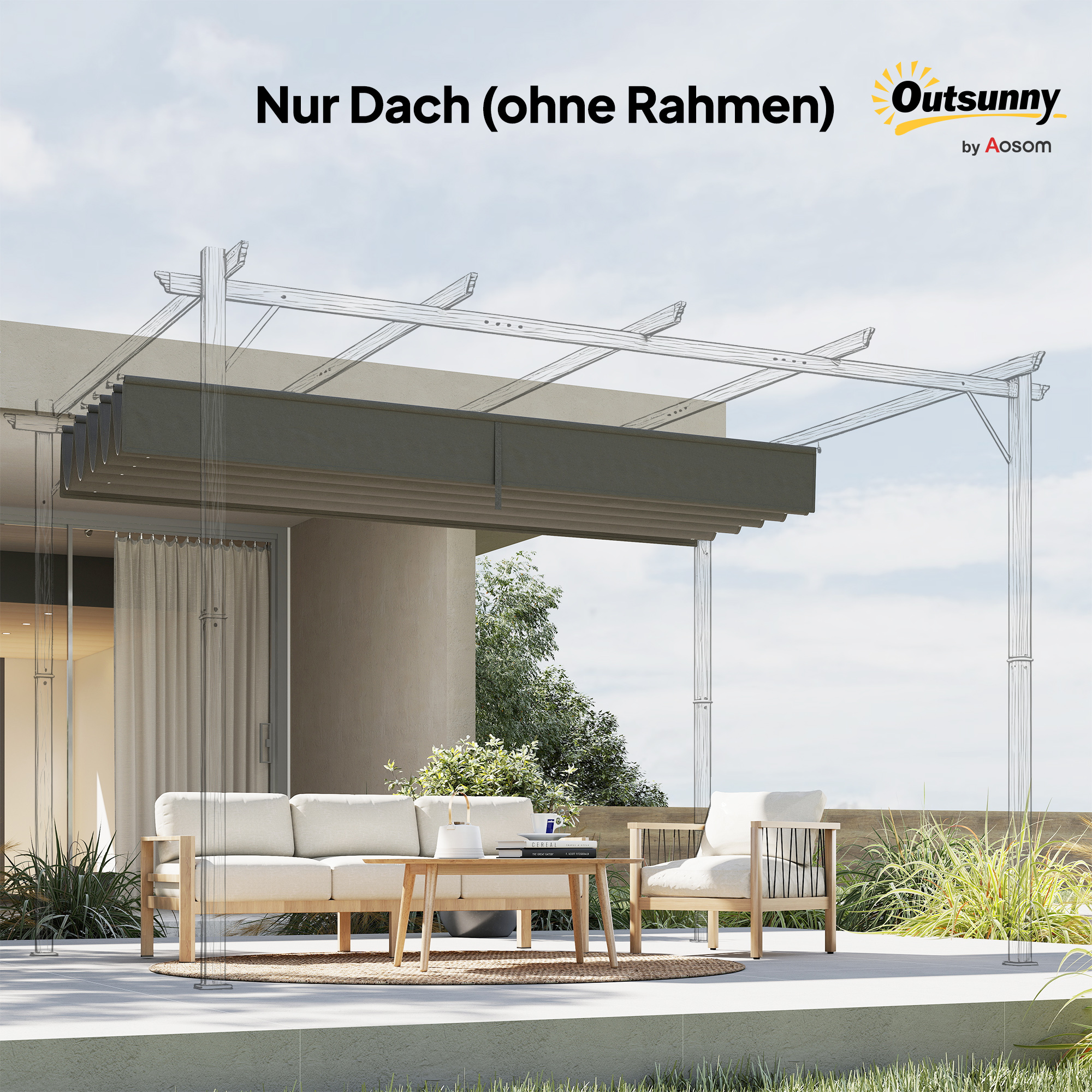 Ersatzdach für 4 x 3 m Pergola, einziehbar, mit Regenabflusslöchern, wetterfest, Polyester, Hellgrau
