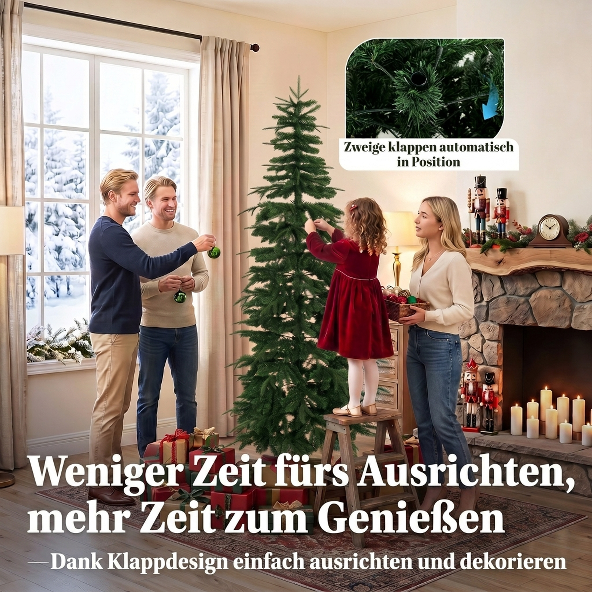 künstlicher Weihnachtsbaum 210 cm, Fichte mit Scharnierästen, 800 Astspitzen, klappbarer Stahlständer, Grün