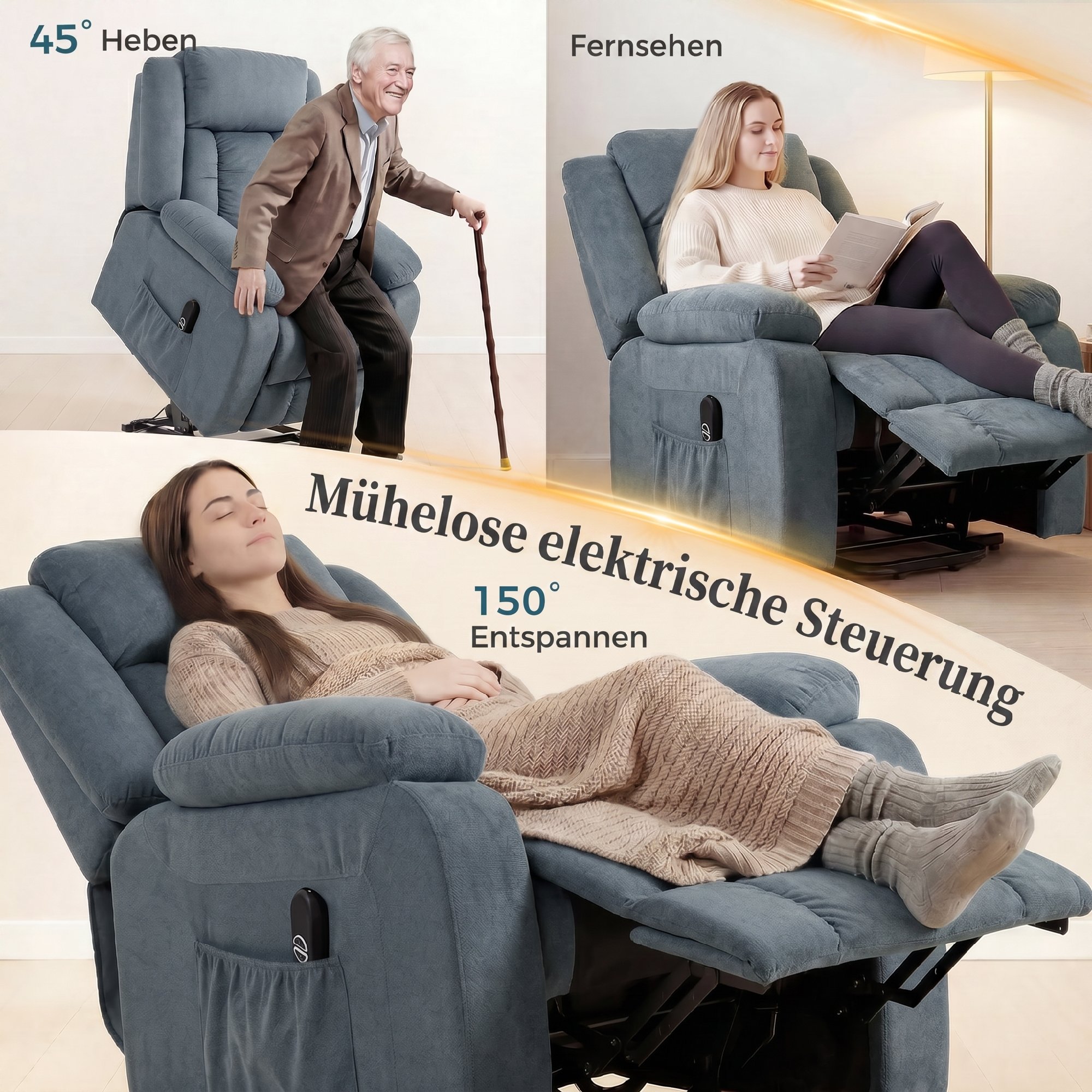 Aufstehsessel mit weichem Bezug, Recliner-Sessel mit Fernbedienung und Seitentaschen, Grau