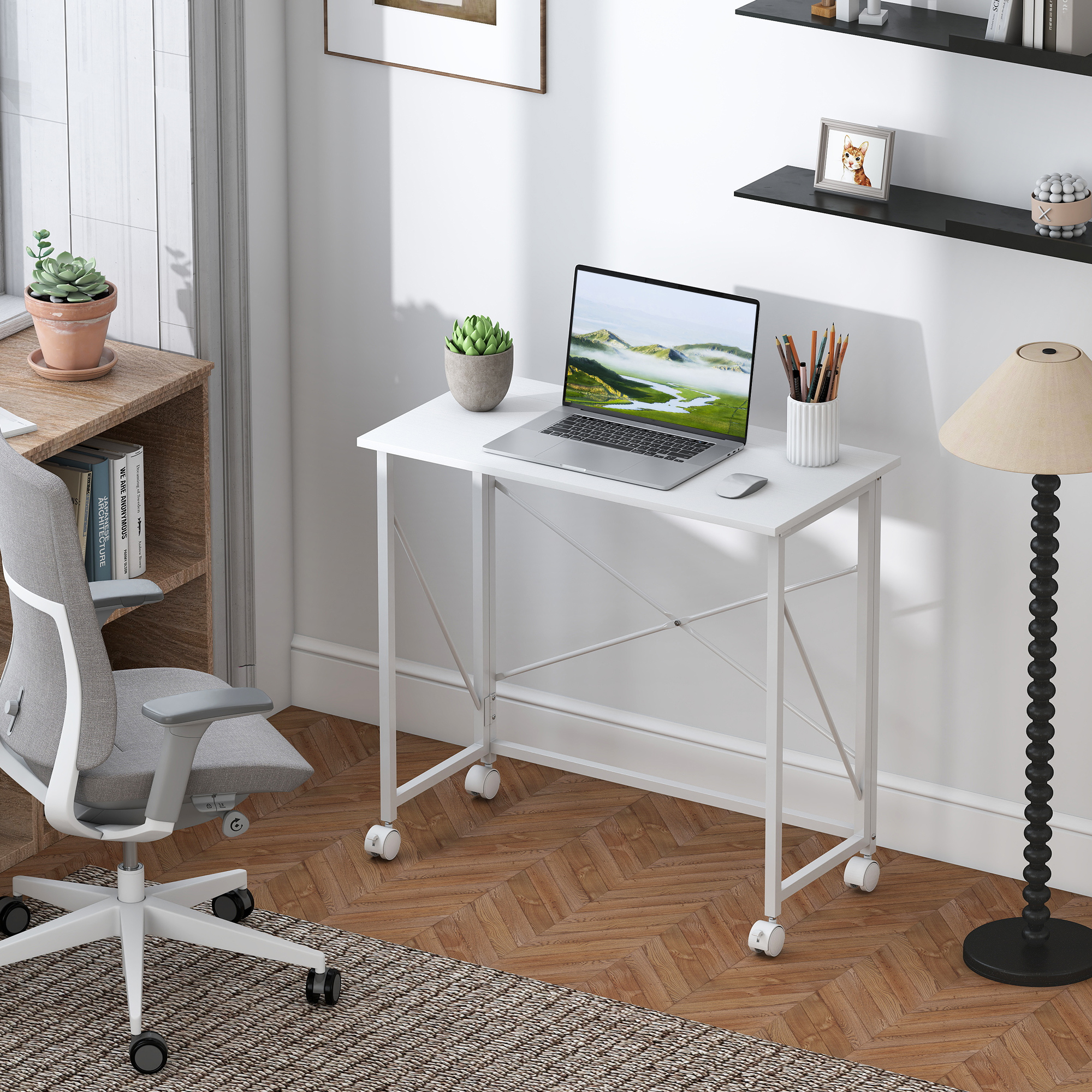 Schreibtisch mit Rollen, faltbarer Bürotisch mit Stahlgestell für Arbeitszimmer Schlafzimmer 80 x 40 x 75 cm Weiß