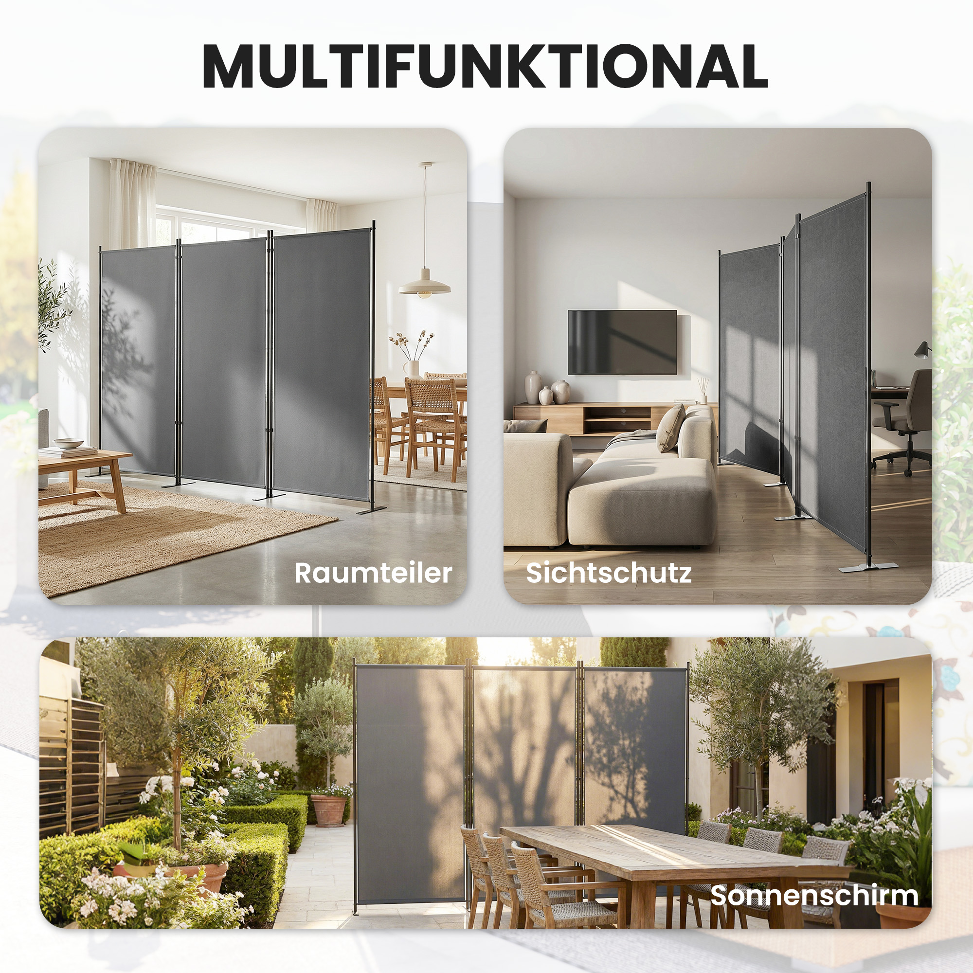 Raumteiler 3-teilig 260 x 30 cm Freistehend Paravent Trennwand Sichtschutz aus Metall, Outdoor Raumtrenner Dunkelgrau
