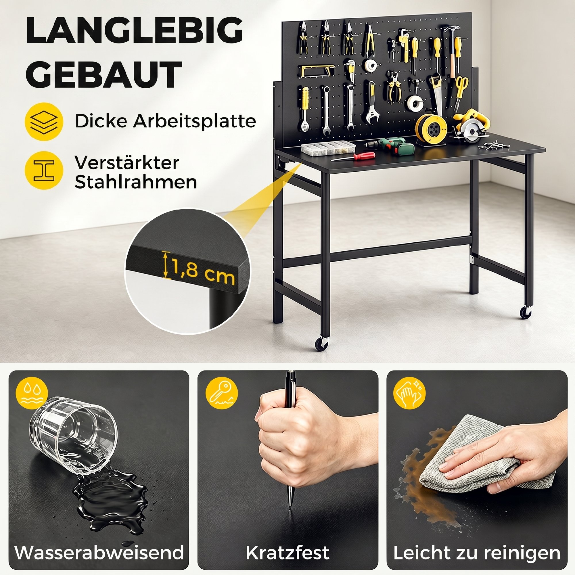Werkbank mit Lochwand, Klappbare Mobile Werkbank mit Rollen, Dicke Arbeitsplatte, Stahlrahmen, Haken, Schwarz