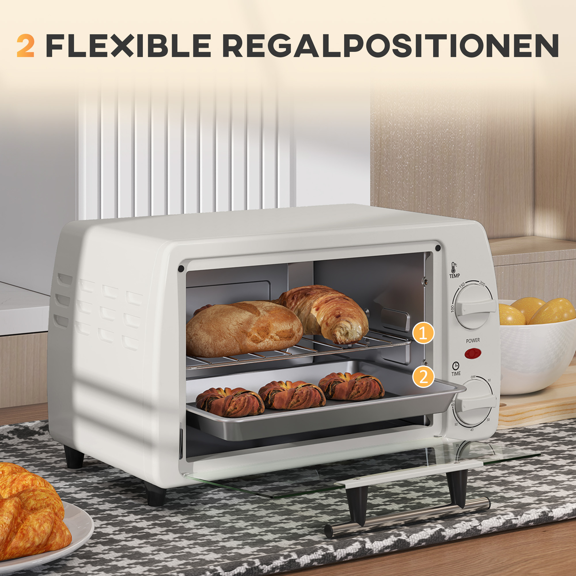 Mini-Ofen Toasterofen, 1 Backblech, 1 Grilrost, 10 L Kapazität, Timer-Funktion, 36,5 cm x 26 cm x 22 cm, Cremeweiß