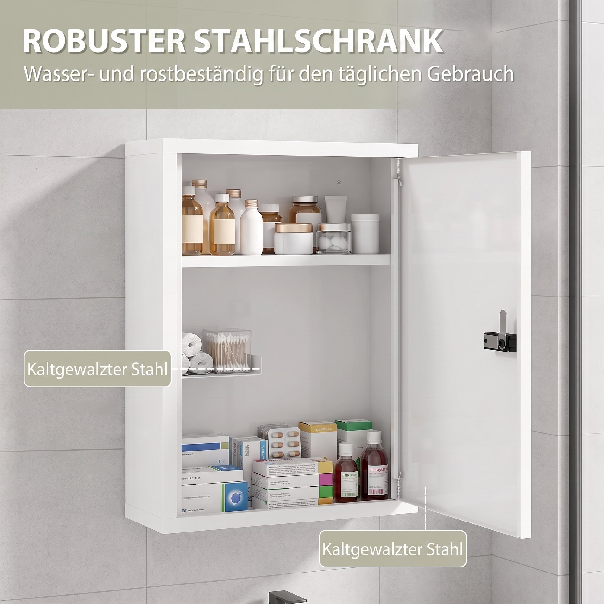 Medizinschrank zur Wandmontage, Badezimmerschrank mit Zahlenschloss, Tür und Ablagefächern, Weiß