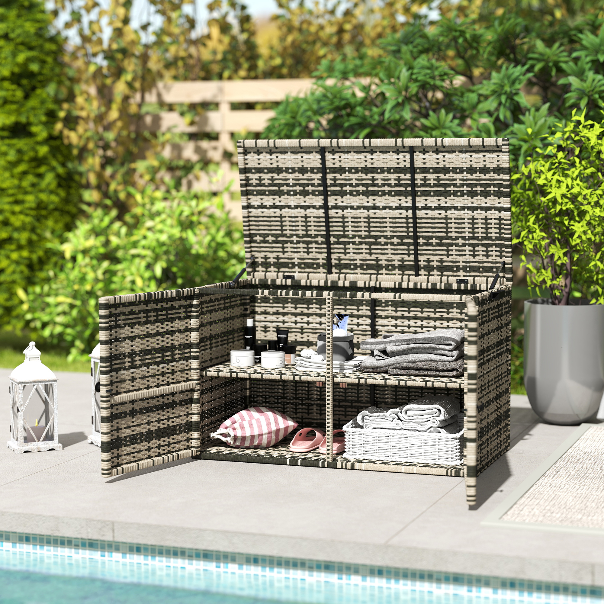 Rattan Auflagenbox 350L 2-Ebenne Kissenbox mit Deckel Hebestangen Tragegriffe 118 x 57 x 69 cm Mischgrau