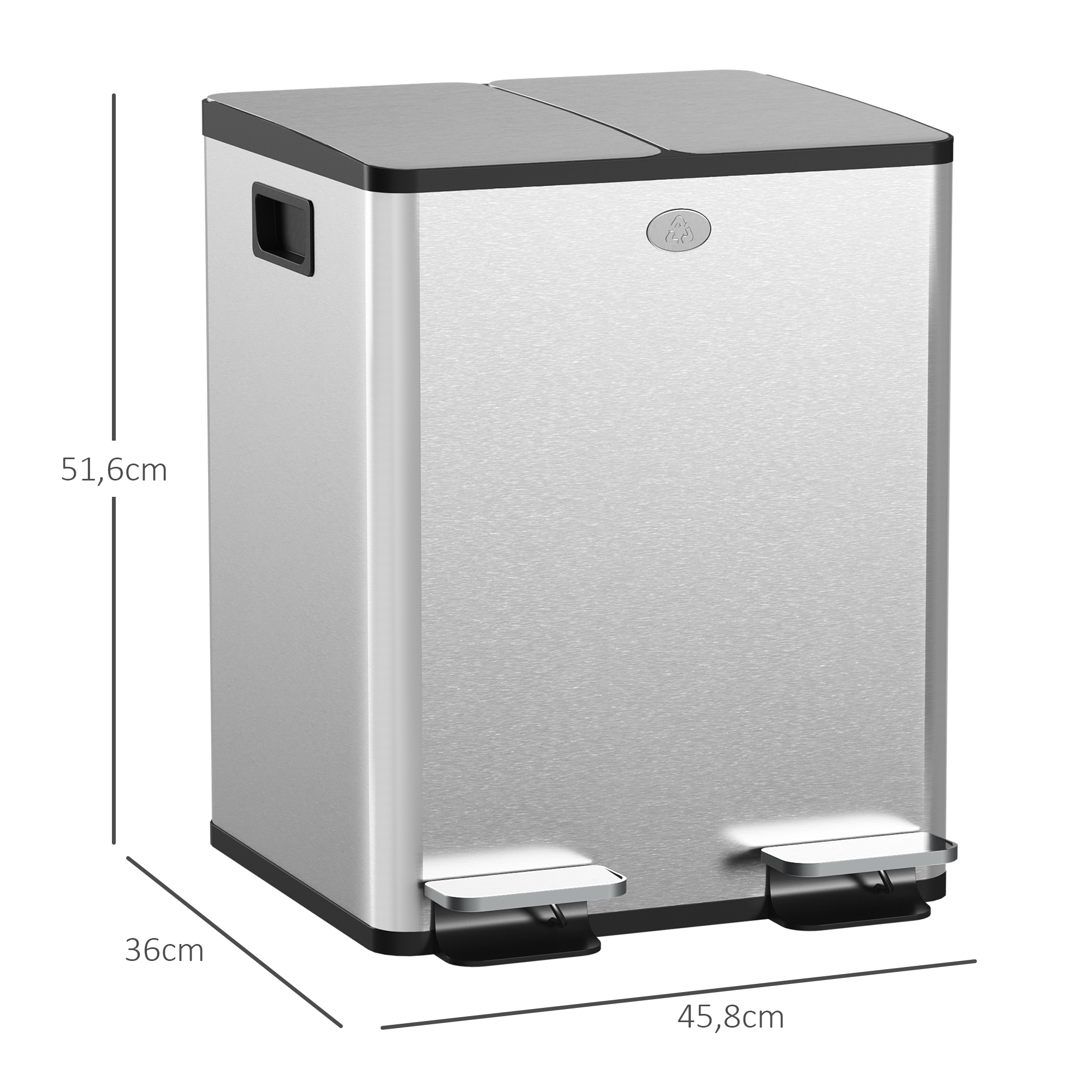 2x 20l Doppelmülleimer, Pedalöffnung, leicht zu reinigen, Edelstahl, Kunststoff, Silber