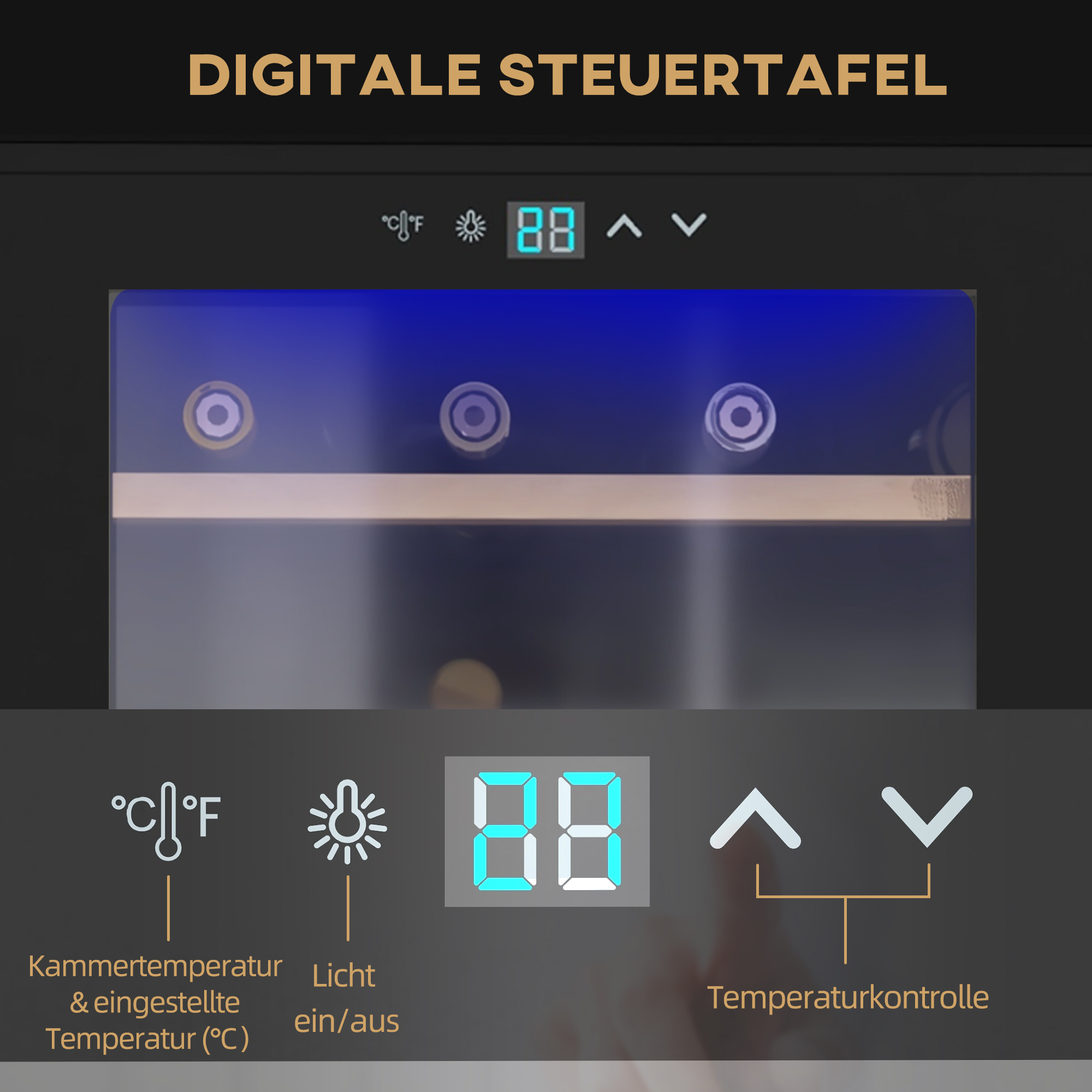 Weinkühlschrank klein Wohnzimmer für 24 Flaschen, einstellbare Temperatur 5 bis 20° C, LED-Beleuchtung, schwarz, 43 x 45 x 75 cm
