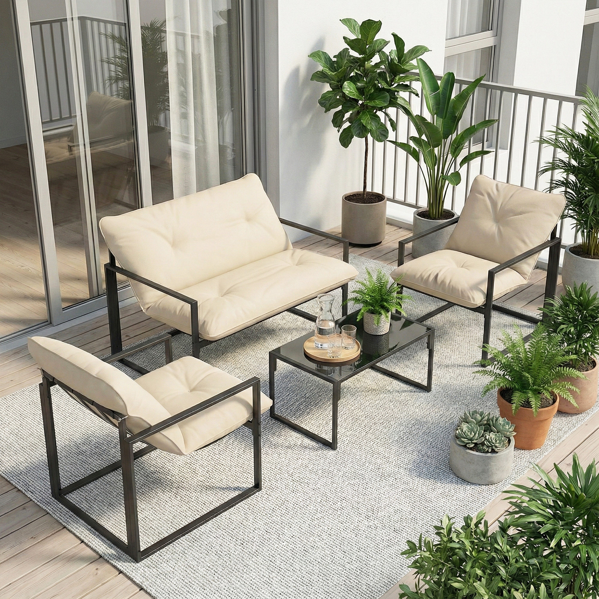 Gartenmöbel-Set, 1 Glastisch, 2 Sessel. 1 Sofa, wetterbeständig,114 cm x 70 cm x 67 cm, Grau+Beige