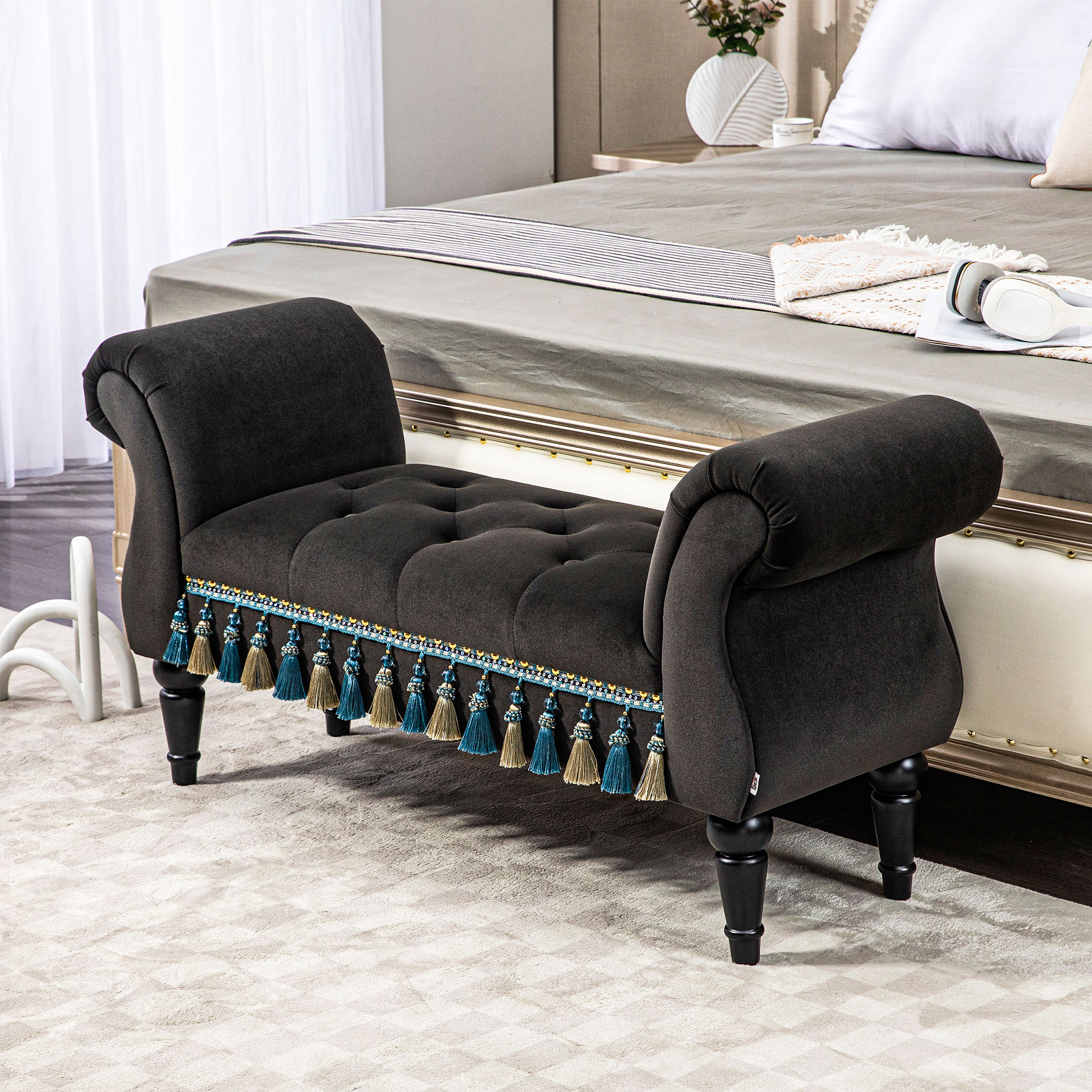 Polsterbank, Sitzbank, Vintage-Design, bis 150 kg, 117x40x58 cm, Dunkelgrau