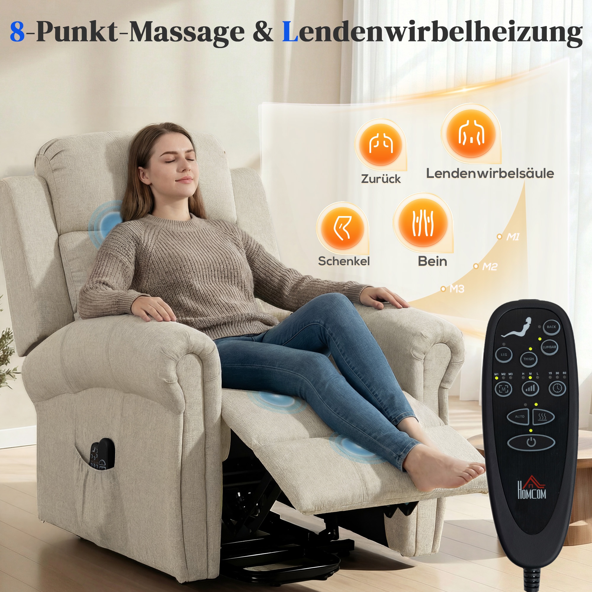 Massagesessel mit Aufstehhilfe, Relaxsessel, Vibrationsköpfe, mit Neigefunktion, Leinenoptik, Beige