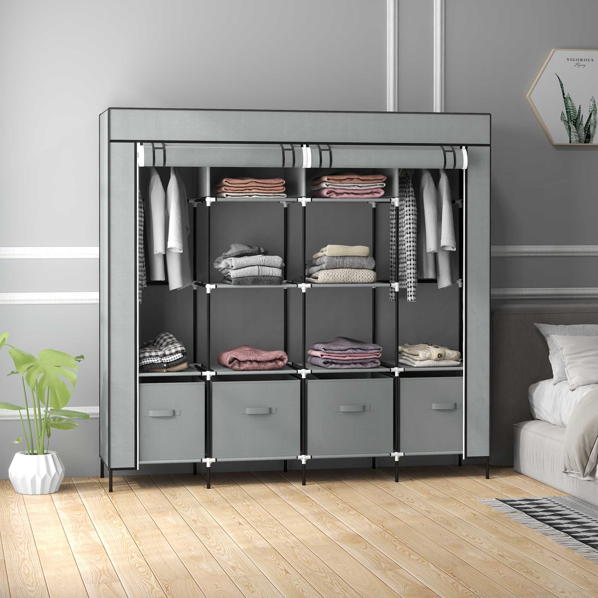 Kleiderschrank Stoffschrank, Türen, 2 Kleiderstangen, 10 Fächer, Grau