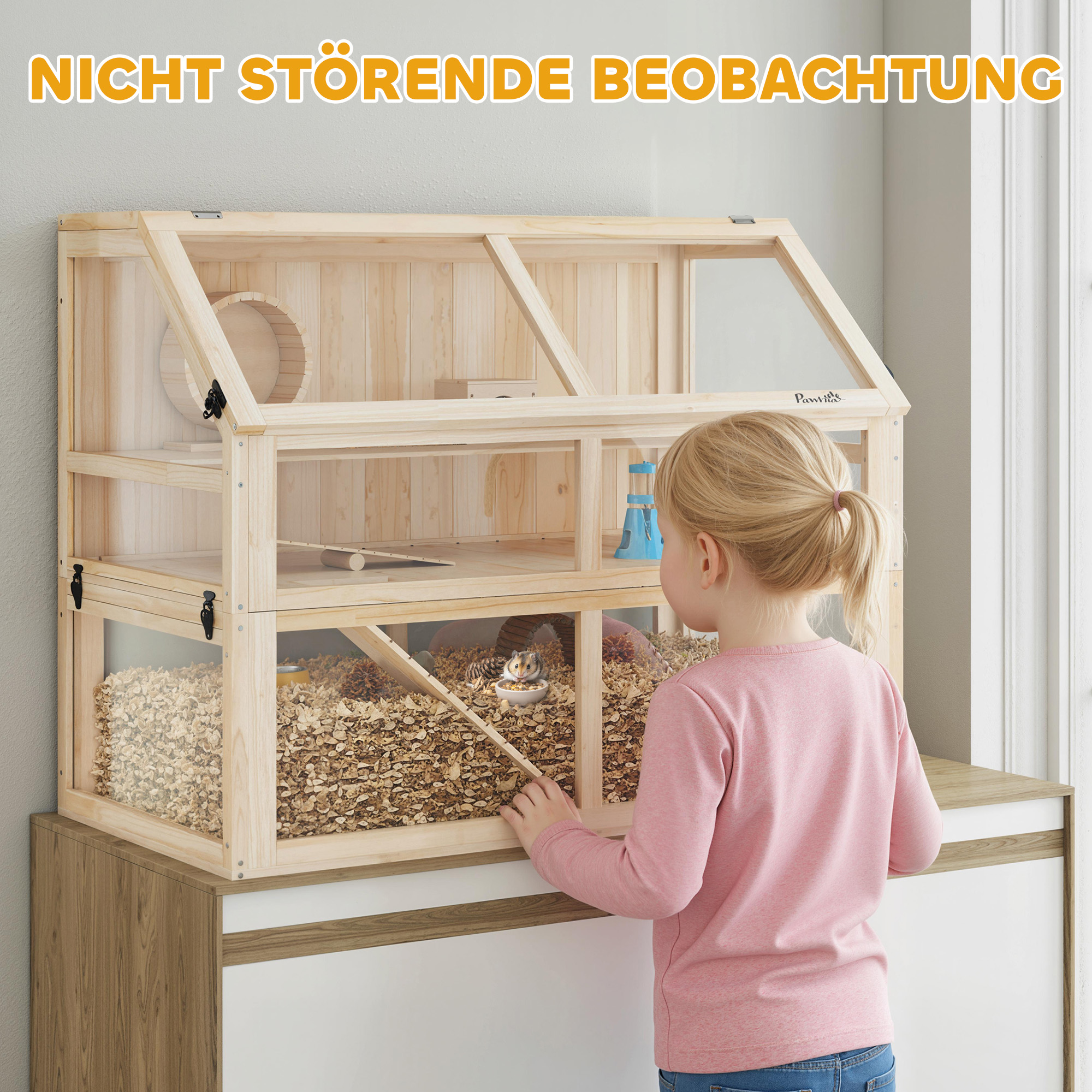 Hamsterkäfig aus Holz 3 Etagen Nagerkäfig Kleintierkäfig mit Wippe Laufrad Hütte 95 x 53 x 76 cm Naturholz