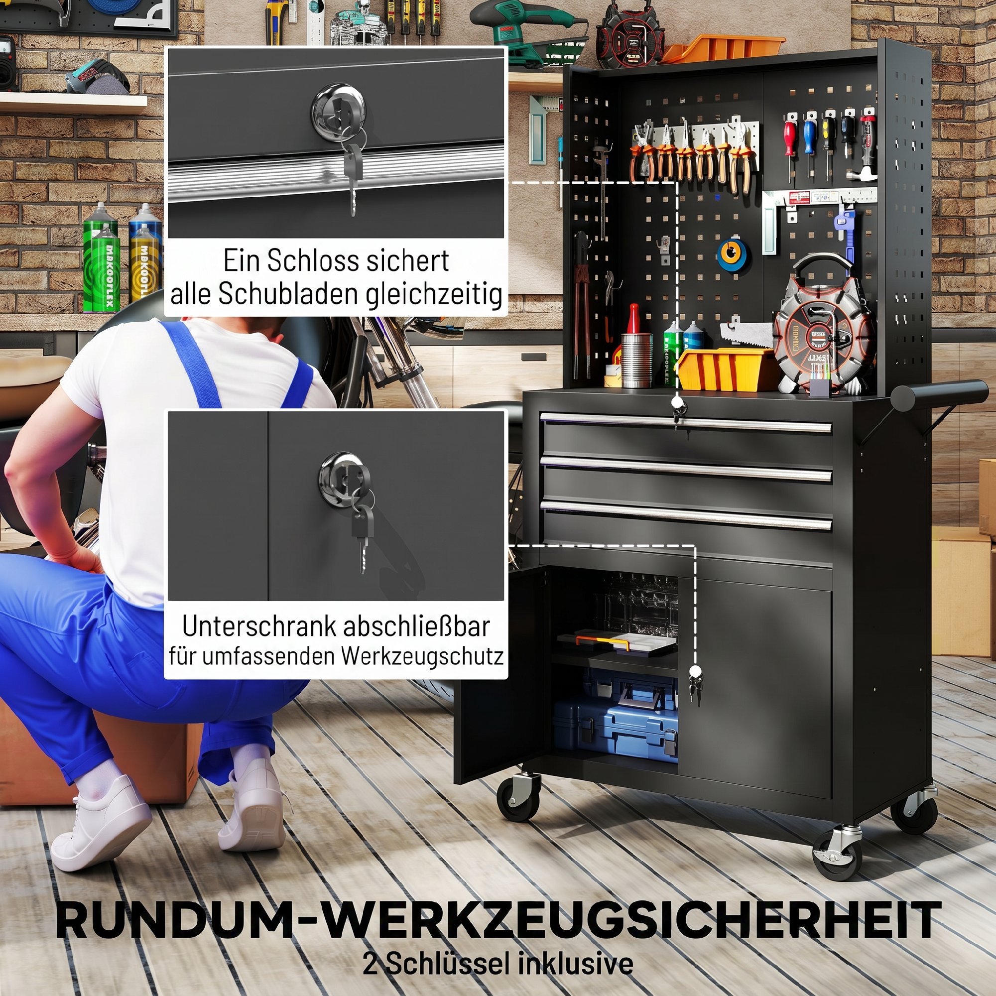 Werkzeugschrank Werkzeugkasten auf Rollen mit Lochplatte, 3 Schubladen für Garage und Werkstatt, Schwarz
