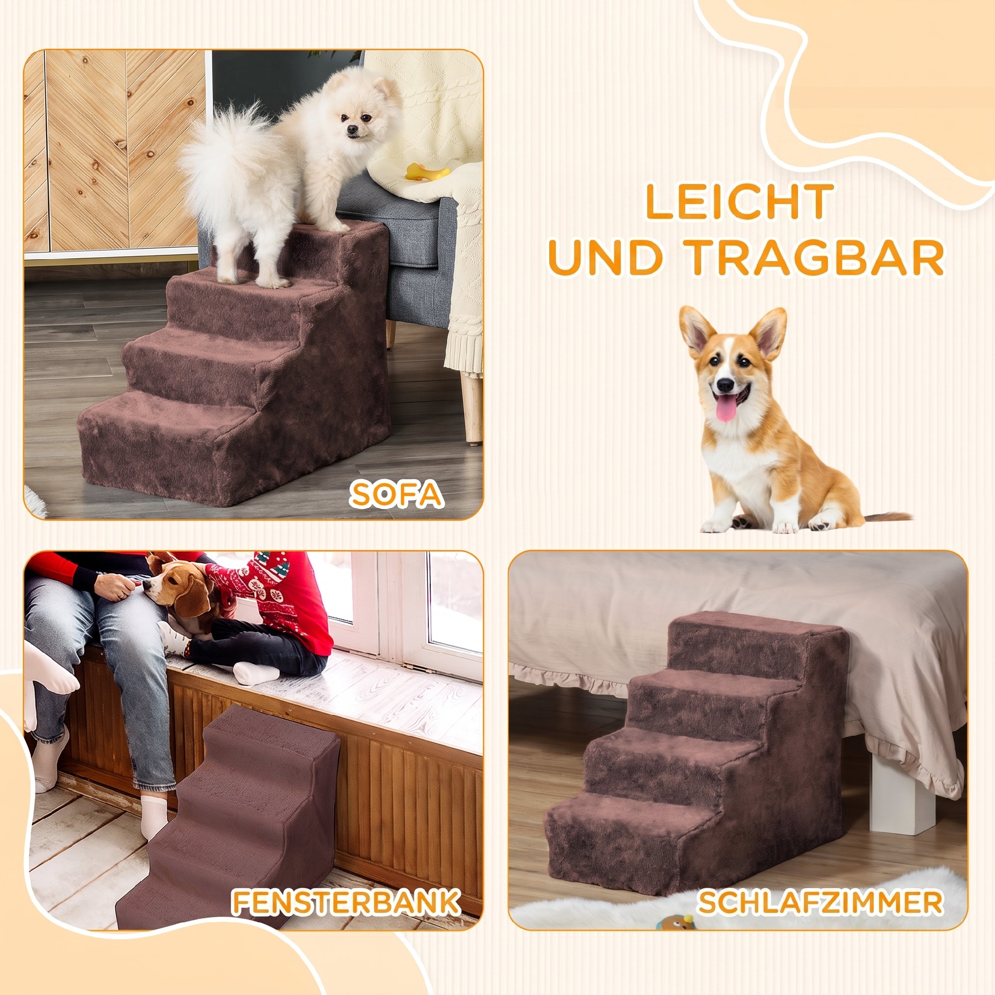 Hundetreppe 4-Stufig Abnehmbarer Bezug Für Kleine Hunde 44 cm Braun