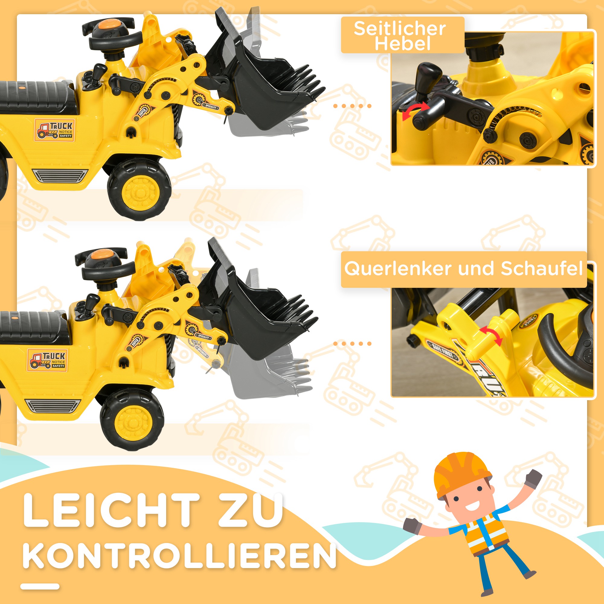 Sitzbagger Aufsitzbagger mit Schaufel Kinderbagger mit Stauraum unter Sitz Rutschauto Spielzeugbagger zum Sitzen bis 30kg, Draufsitzen für Kinder 1,5-4 Jahre Gelb+Schwarz