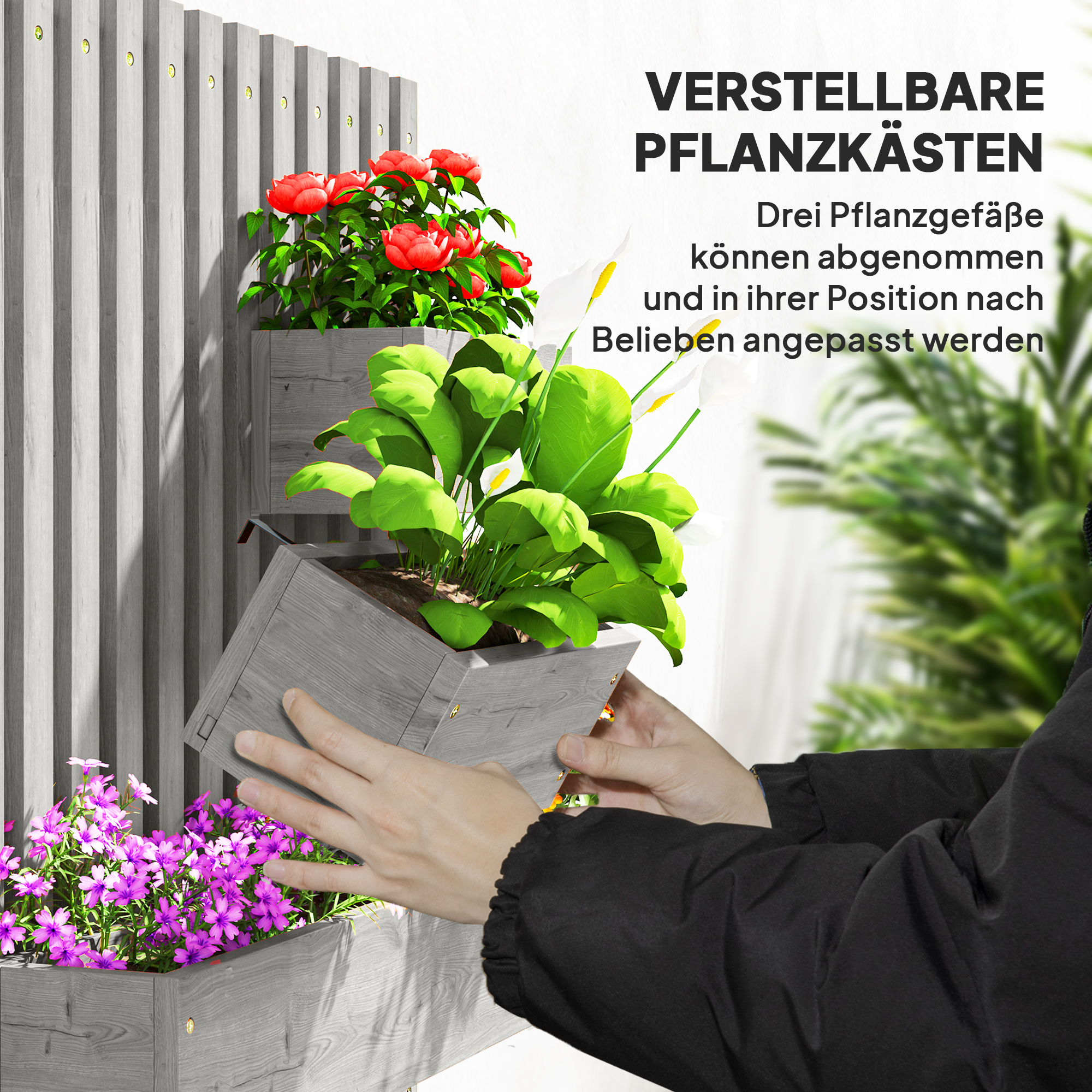 Blumenkasten-Set, Wandmontage, frei versetzbar, Massivholz, 60 x 16 x 80 cm