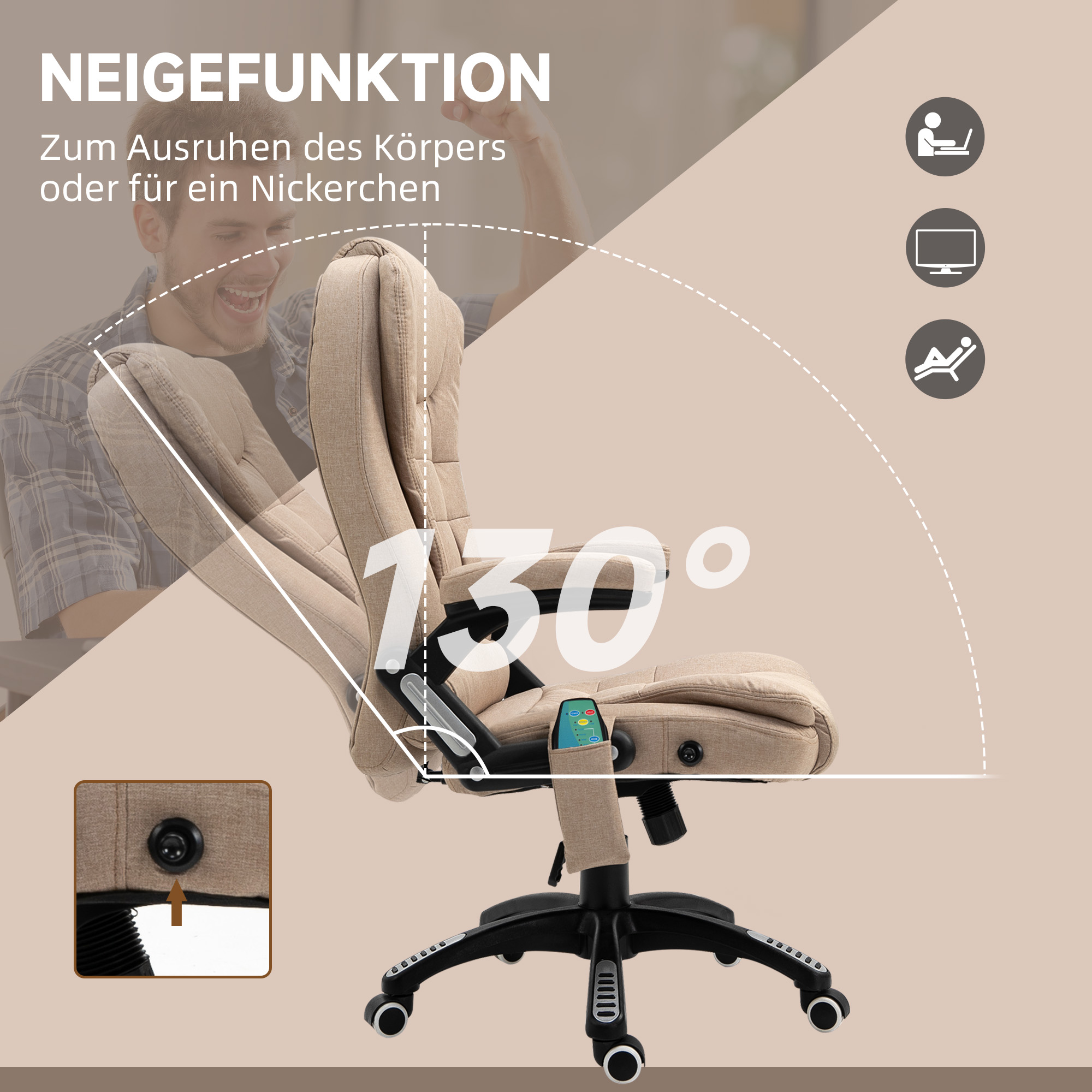 Massagesessel mit Wärmefunktion, Ergonomischer Schreibtischstuhl, höhenverstellbar, 68L x 72B x 110-120 cm, Braun