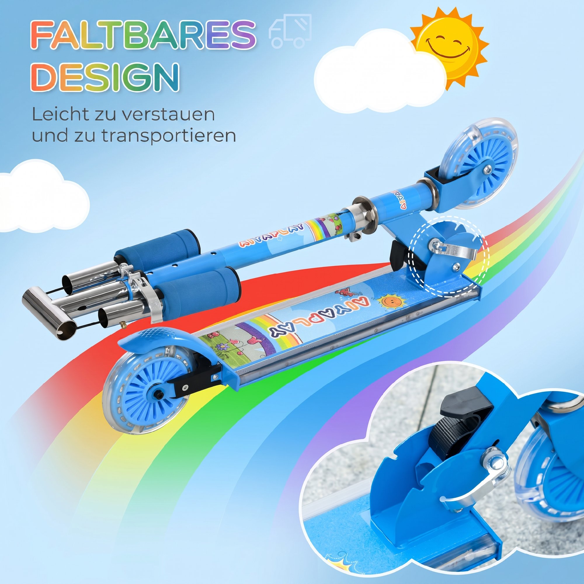 Roller Kinder Scooter mit LED Rädern 124 mm Rollen klappbarer Höhenverstellbar mit Musik Hinterradbremse Blau