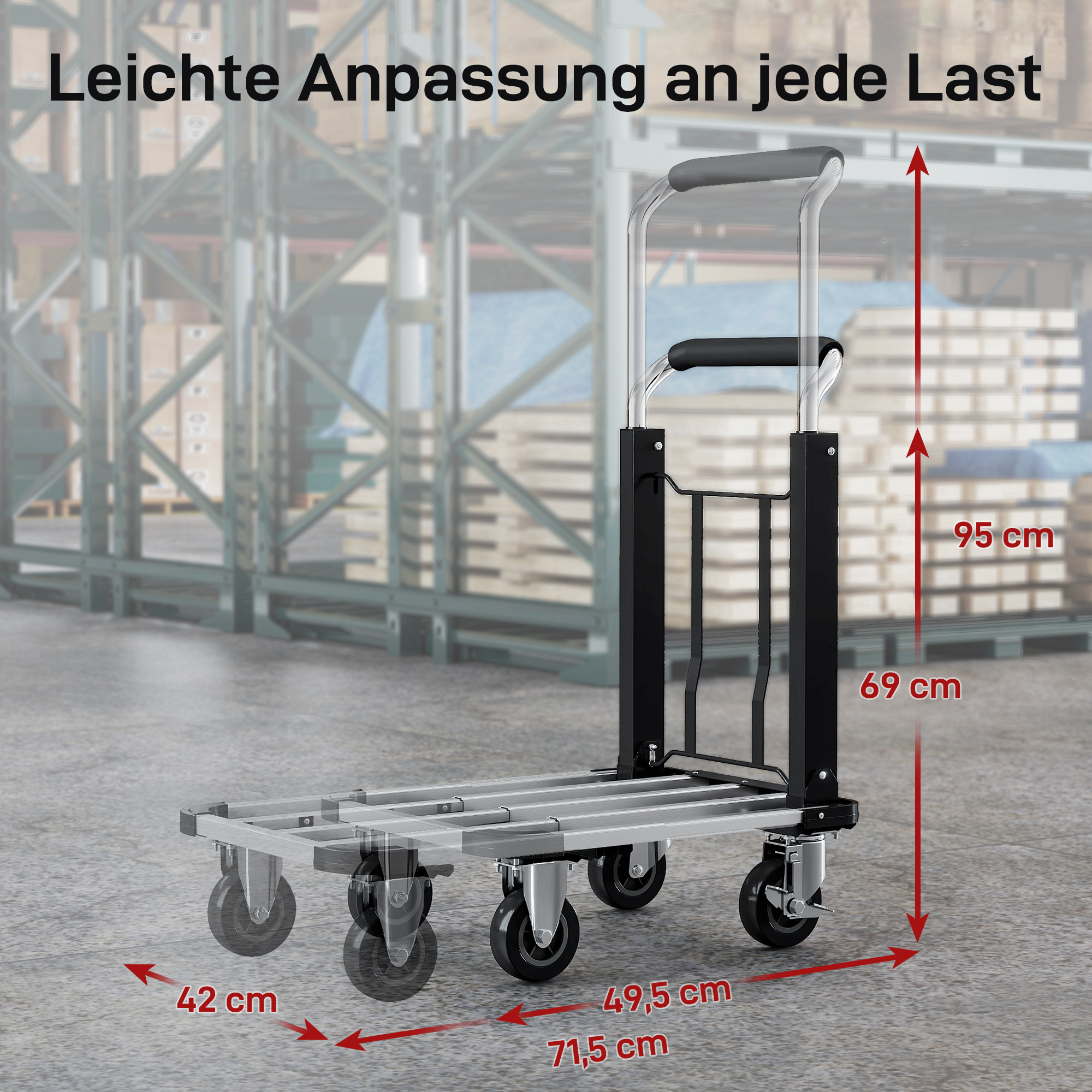 Faltbarer Handwagen, 150 kg Belastbarkeit, erweiterbare Fläche, höhenverstellbarer Griff, für Kisten, Metall, Schwarz