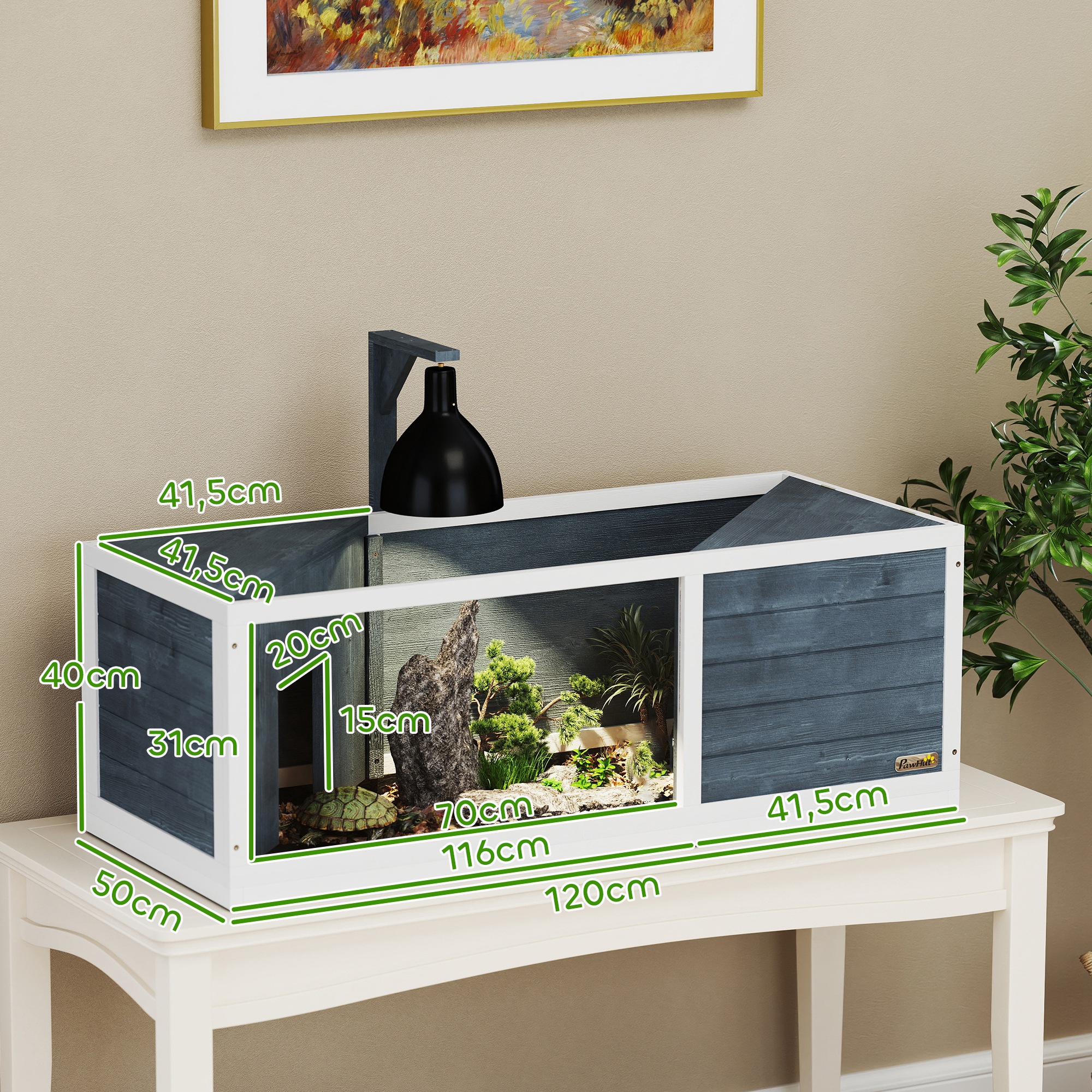 Schildkrötenhaus mit leicht zu öffnender Oberseite, Lampenvorrichtung, transparenter Front, 120 x 50 x 40 cm, Grau