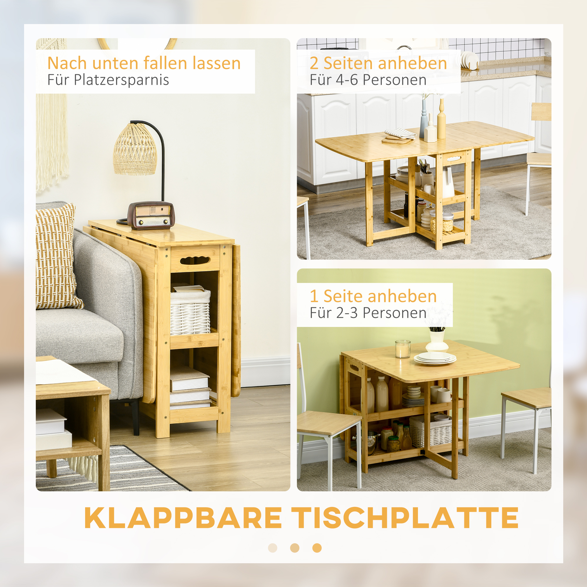 Klapptisch, Esstisch, zwei klappbare Seiten, zwei Ablagen, verstellbare Füße, Bambus, 149,5 x 80 x 73,5cm