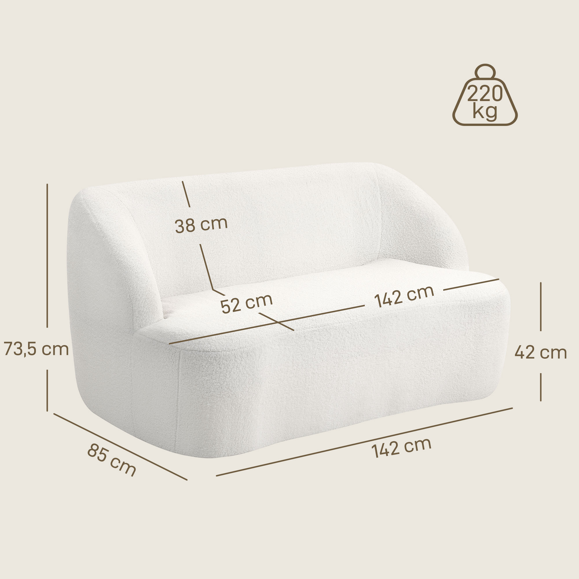 2-Sitzer-Sofa, geschwungenes Design, Polstersofa mit Fleece-Bezug, für Wohnzimmer, Schlafzimmer, Homeoffice, Cremeweiß